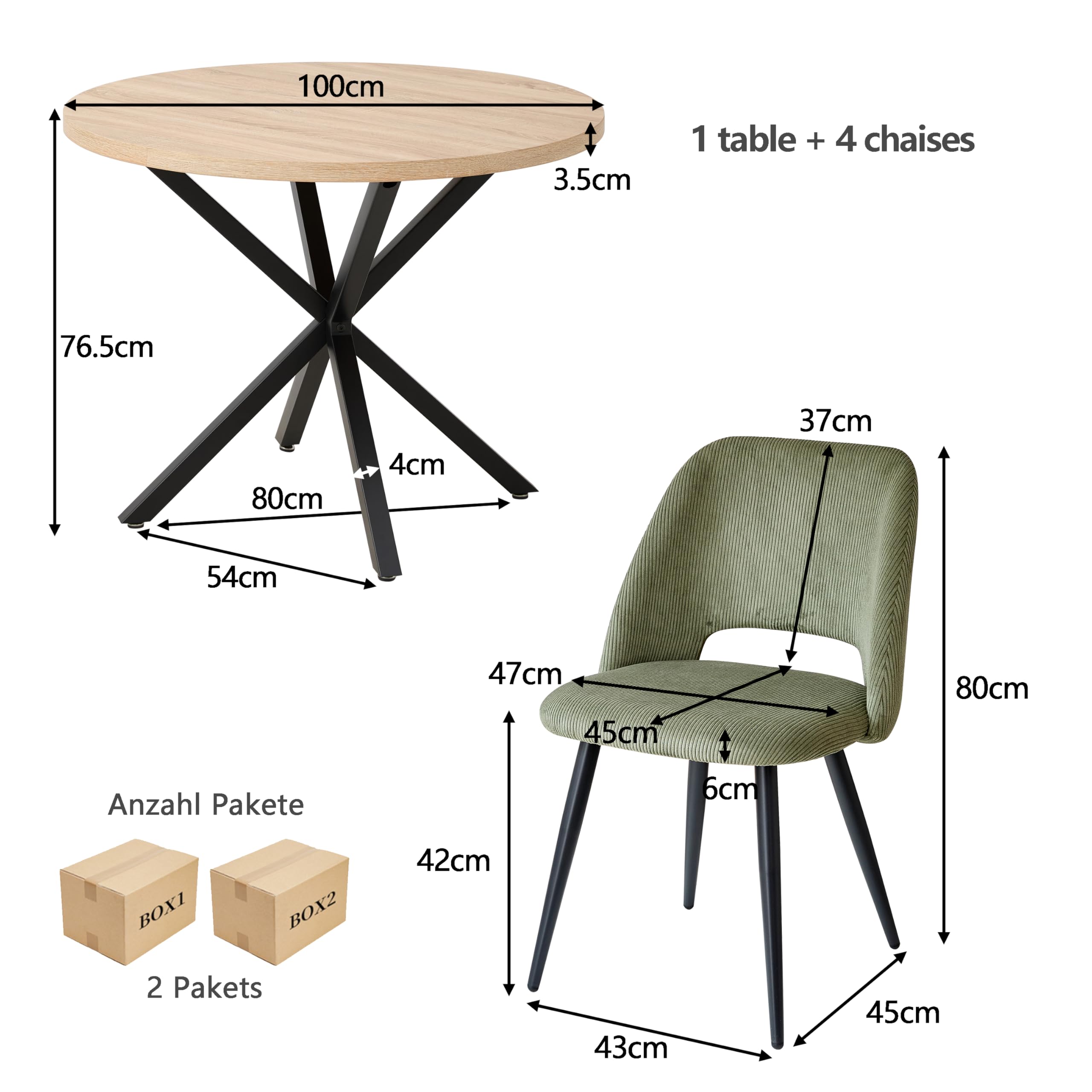 GrandCA HOME Set Tavolo e Sedie da Pranzo,Tavolo Rotondo Moderno da 100 Cm,4 Sedia da Pranzo In Velluto a Coste Traforato,adatto Per Cucina, Soggiorno, Caffetteria(Legno Chiaro + Verde)