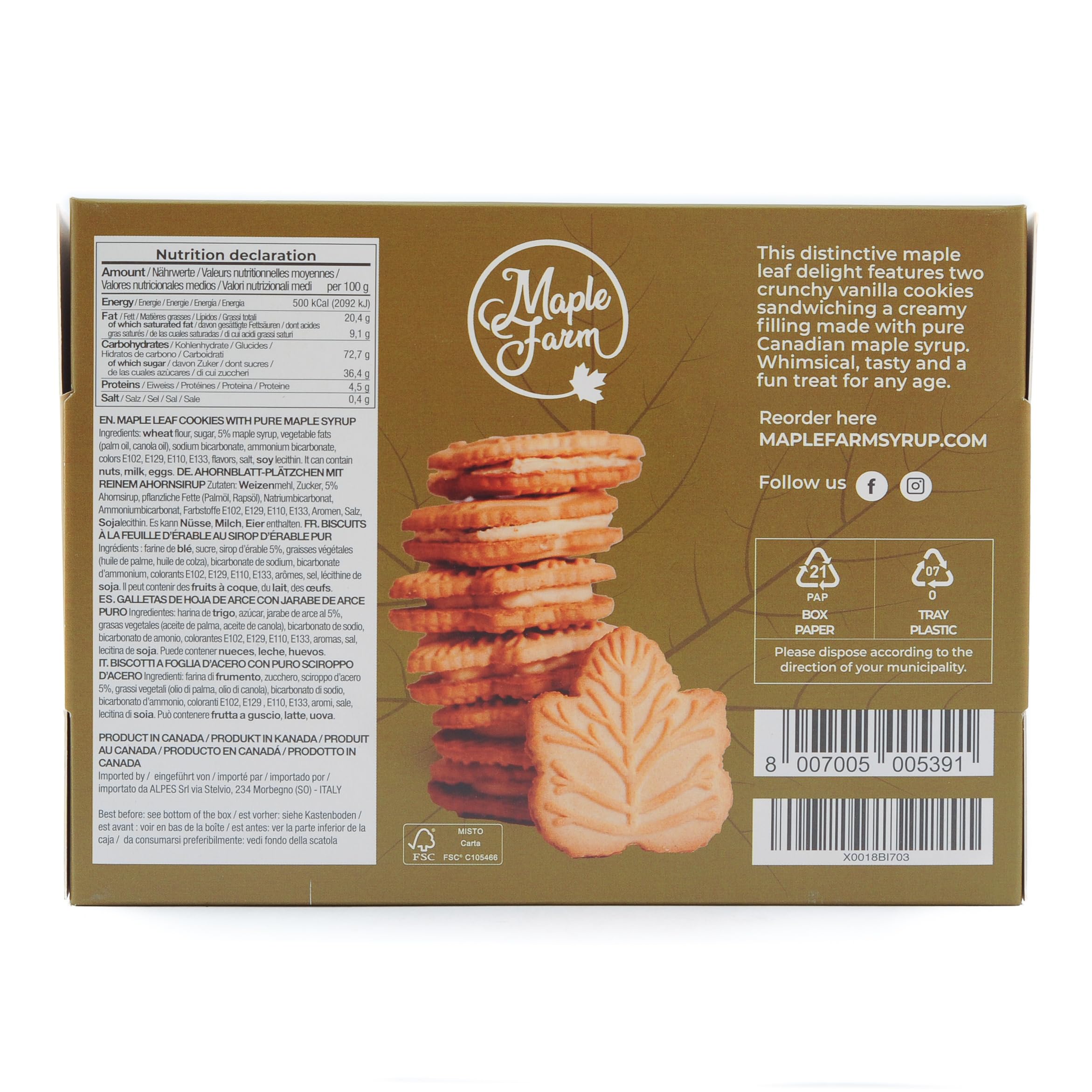 MapleFarm - Biscotti allo sciroppo d'acero - Maple leaf cookies - Prodotto in Canada - 325g