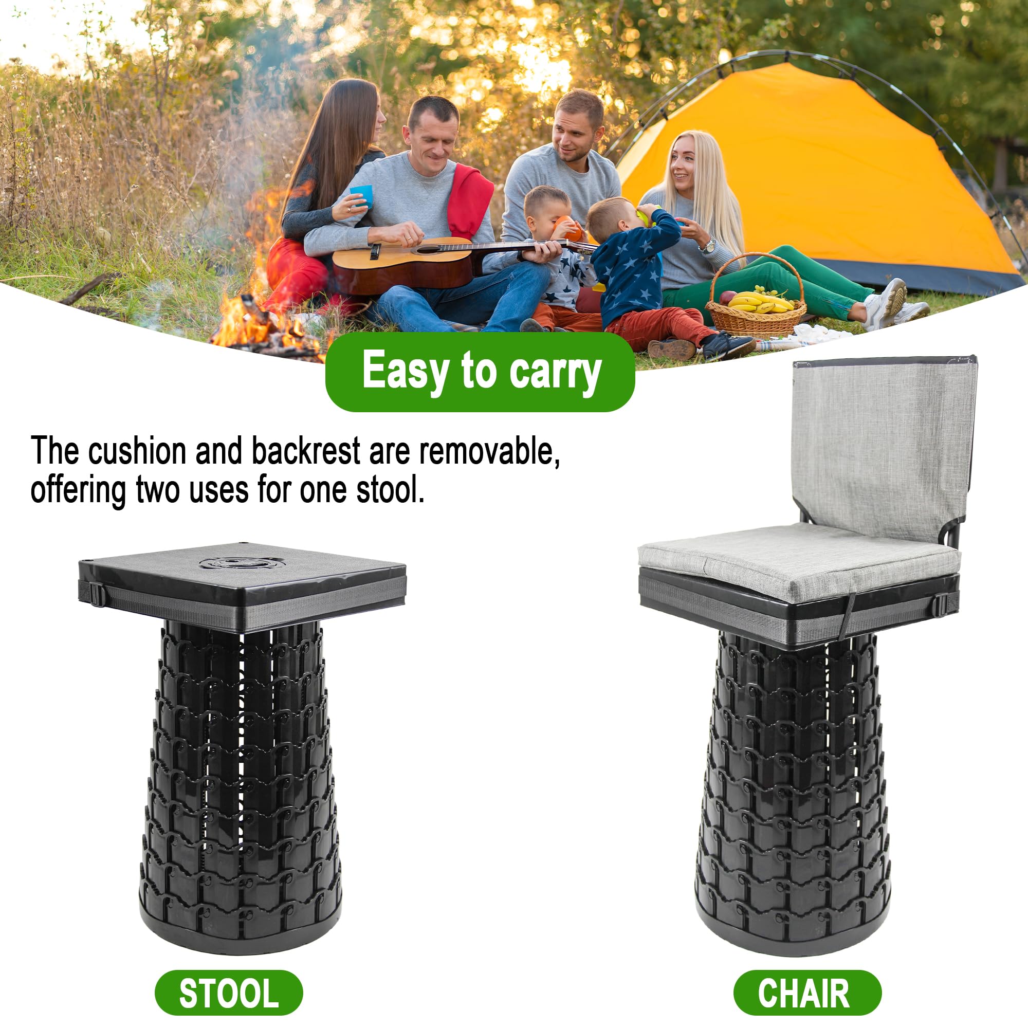 ALEVMOOM Sgabello pieghevole con schienale, cuscino e borsa, sgabello telescopico portatile, resistente, capacità di carico 453,6 kg, sedia pieghevole quadrata per campeggio, giardinaggio, pesca