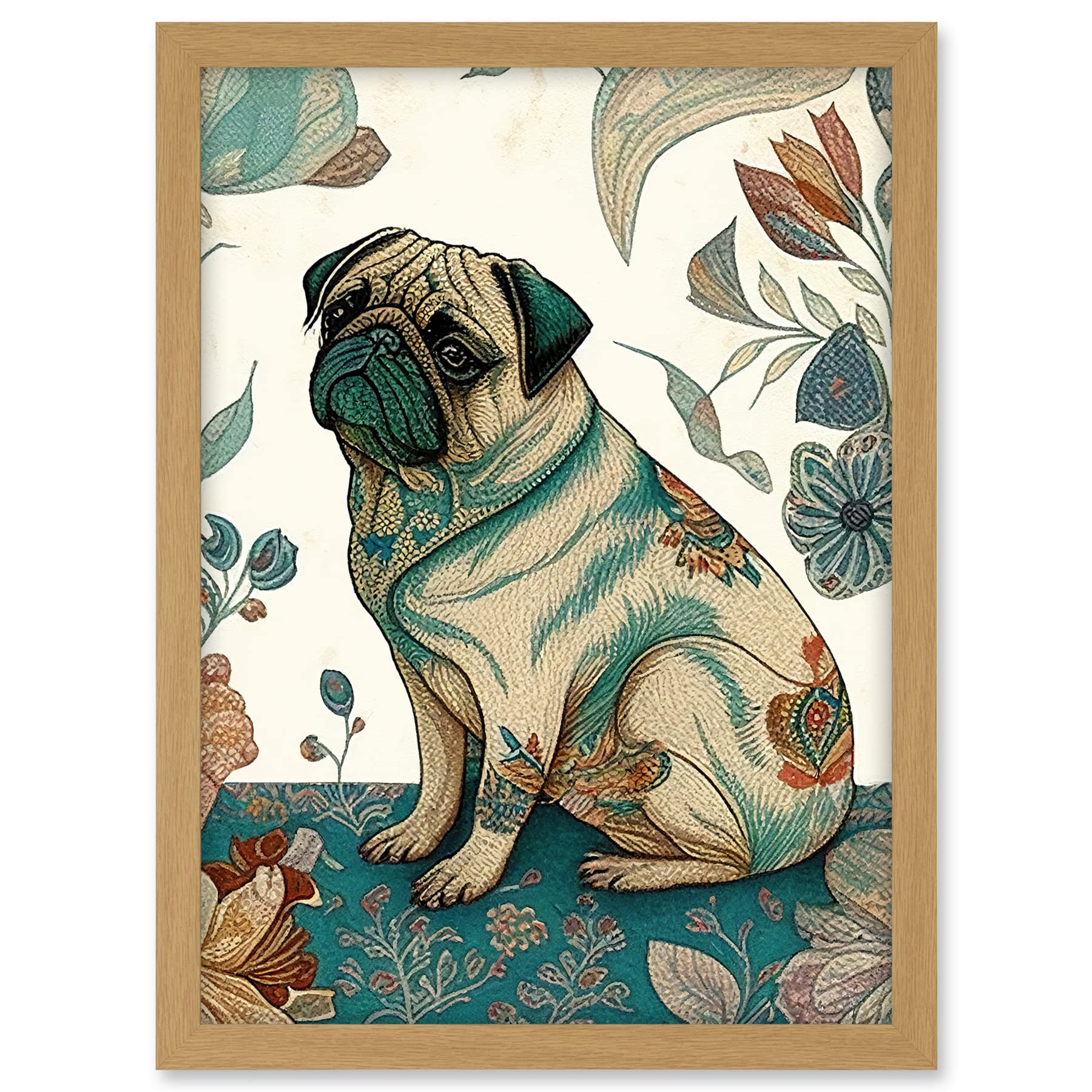 Artery8 Pug Dog with Floral Patterns Vintage Inspired Multicoloured Linocut Illustration Artwork Framed A3 Wall Art Print