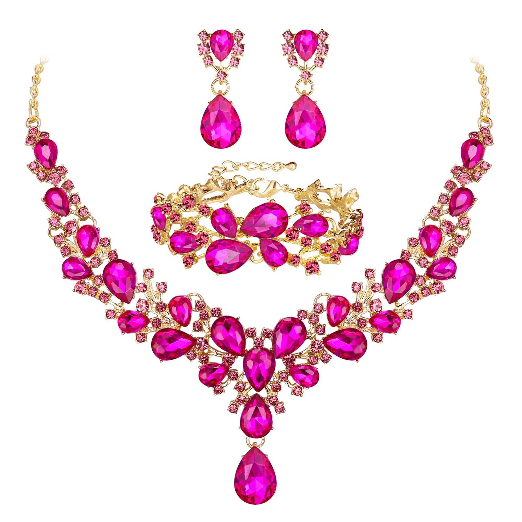 EVER FAITH Austrian Crystal Bridal Bridesmaid Jewelry Sets, Elegant Water Drop Flower Cluster Statement Chunky Necklace Earrings Bracelet Set for