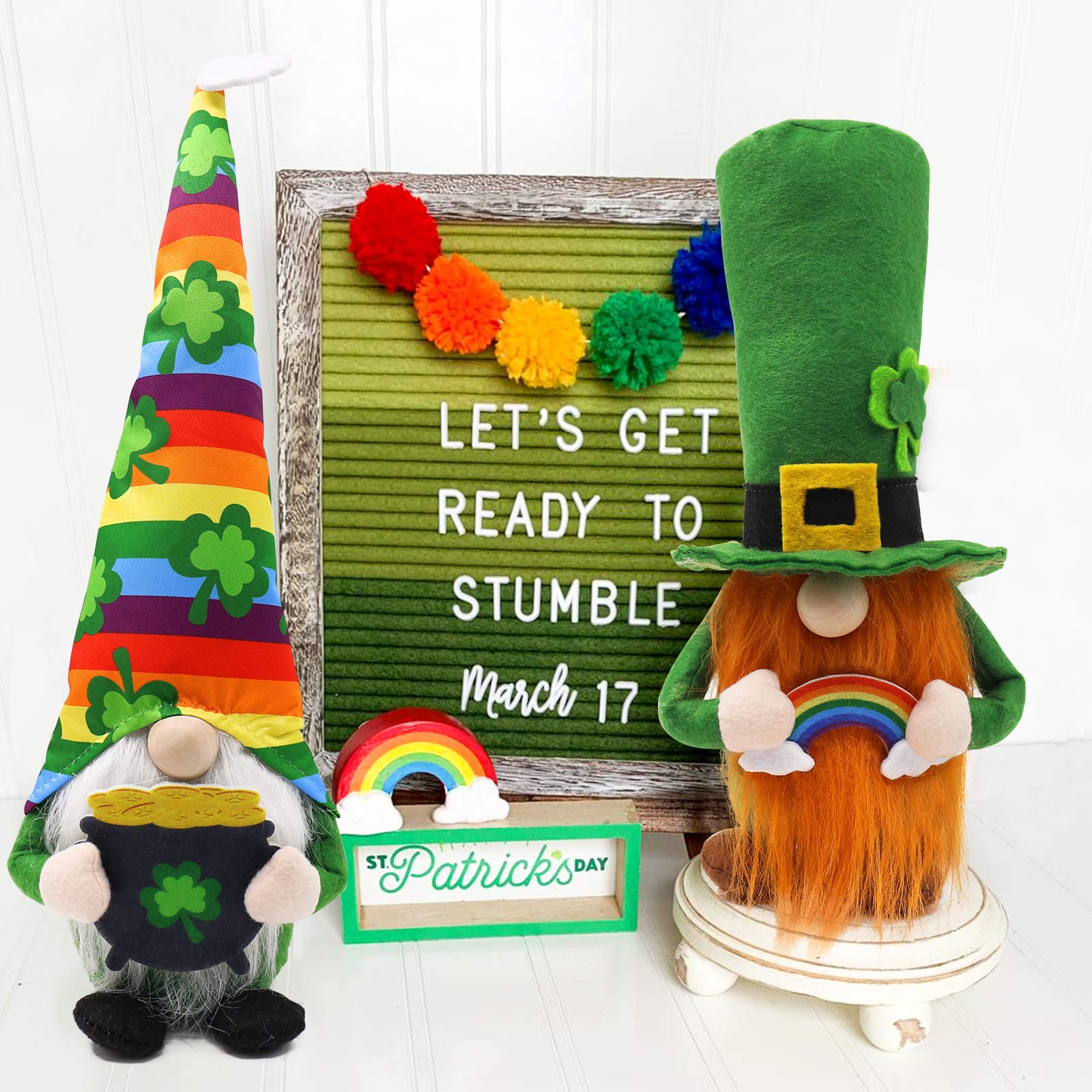 St. Patrick's Day Gnomes Irish Leprechaun Tomte for March Saint Paddy's Day Gift Rainbow Nisse Handmade Scandinavian Folklore Shamrock Elf Dwarf Home Household Kitchen Tiered Tray Decorations Set of 2