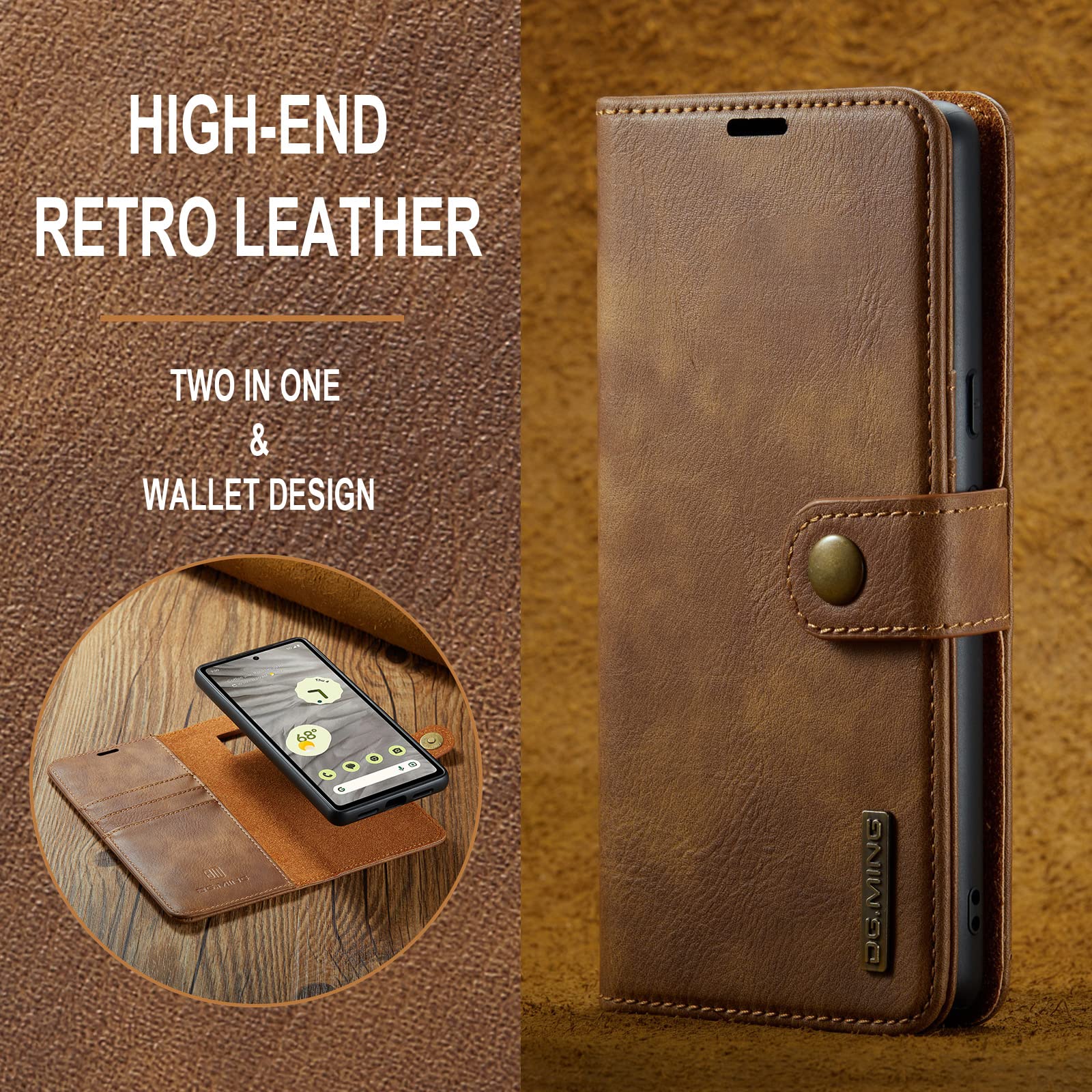Funda Cartera para Google Pixel 10 Pro con Soporte Plegable, Marrón | Funda Interior Extraíble, Cuero Vacuno de Serraje, 3 Ranuras para Tarjetas y Bolsillo, Cierre Magnético, Soporte Plegable