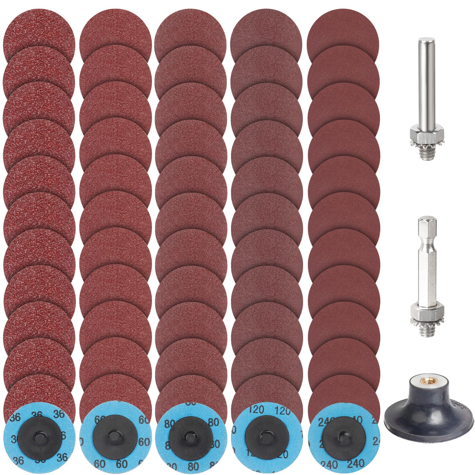 Zestaw 63 szybkowymiennych tarcz ściernych 50 mm, uchwyt tarczy 1/4", ziarno 36/60/80/120/240 do przygotowania powierzchni, polerowania, zadziorów i farby antykorozyjnej