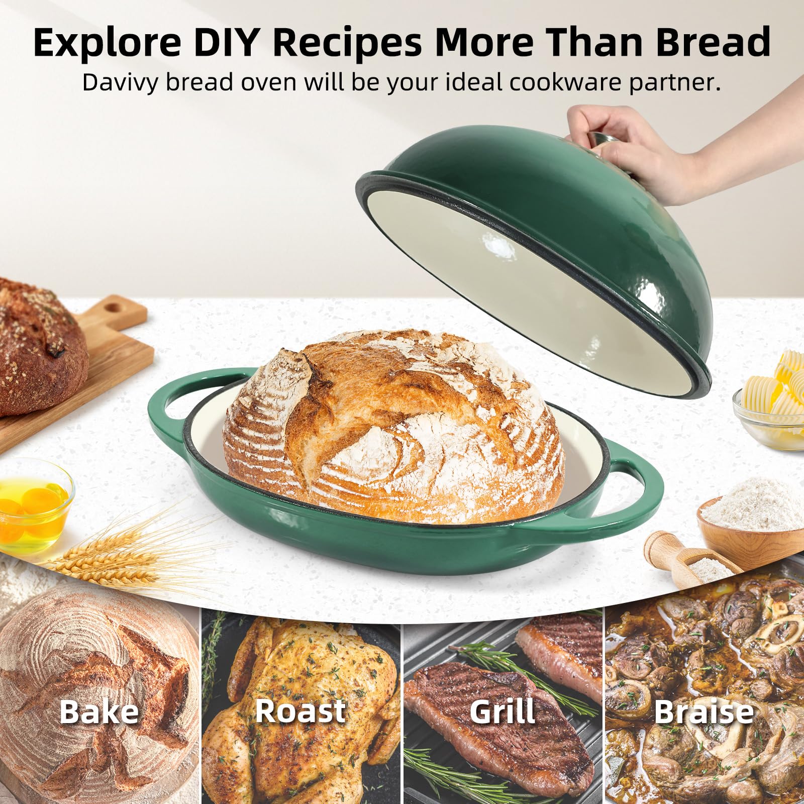 Davivy Horno holandés ovalado de hierro fundido esmaltado de 5.5 L para pan de masa madre, olla holandesa de 6 cuartos con tapa abovedada, olla de pan de hierro fundido (verde bosque, con alfombrilla