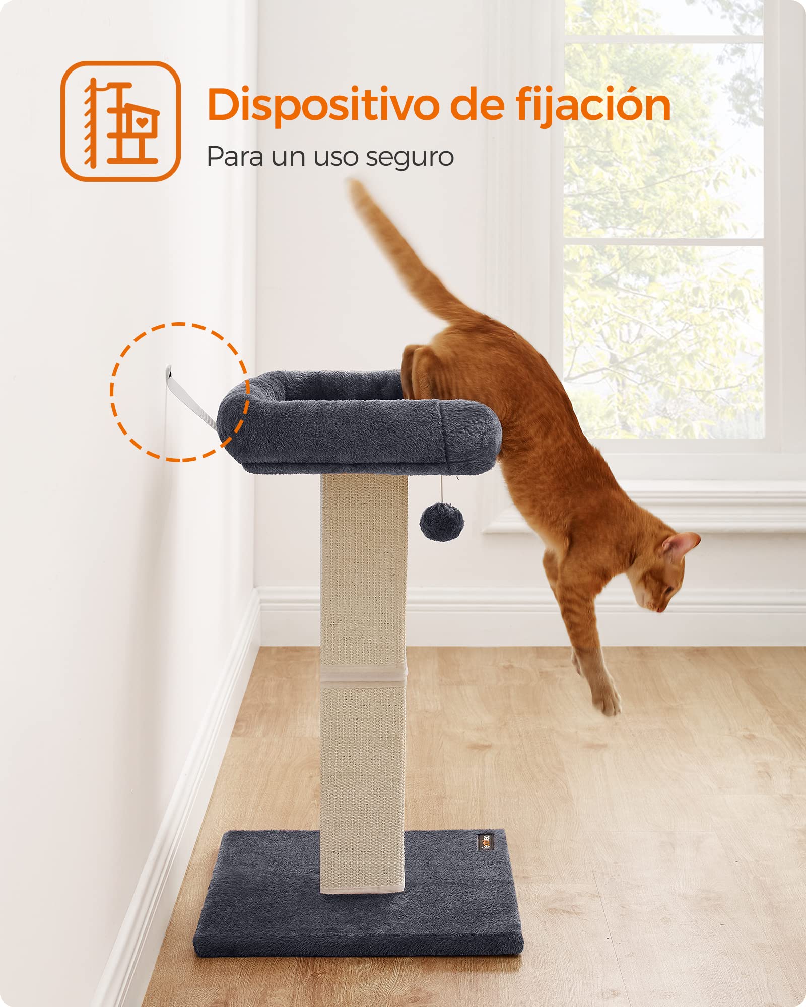 Feandrea Árbol para Gatos, Rascador de Felpa 40 x 30 cm, 71 cm de Altura, Columna con Sisal Tejido, Base de 45 x 40 cm, con Pompón, Gris Oscuro PCA022G01