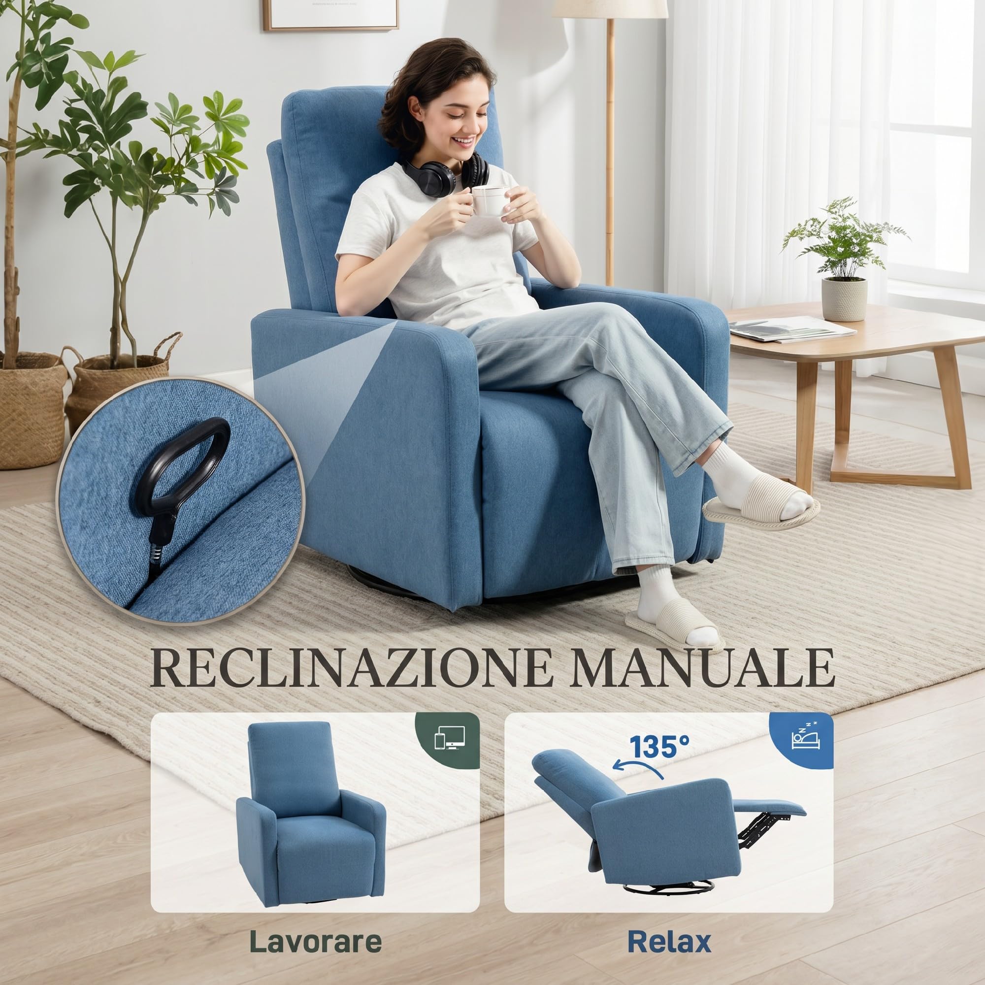 HOMCOM Poltrona Relax Reclinabile Manuale con Poggiapiedi, Seduta Ampia, Poltroncina Imbottita Girevole con Funzione Dondolo, in Tessuto Effetto Lino per Soggiorno e Salotto, 76x94x100 cm, Blu