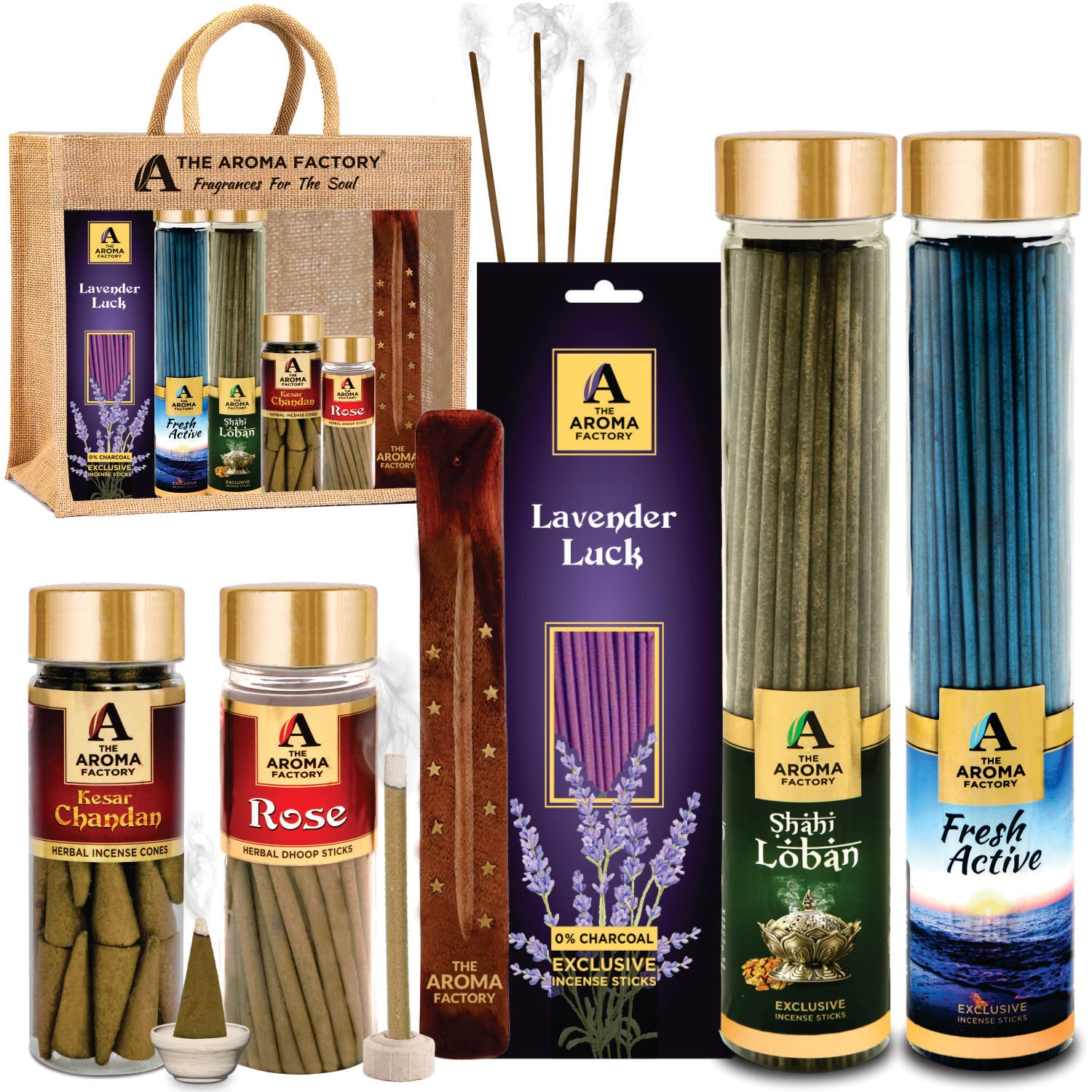 The Aroma Factory Royal Giftpack (Loban & Fresh Active Agarbatti, Rose Dhoopbatti, Kesar Chandan Dhoopcone, Lavender 30 Sticks) With Jute Bag No Charcoal, 100% Organic Incense (Royal) (Standard)