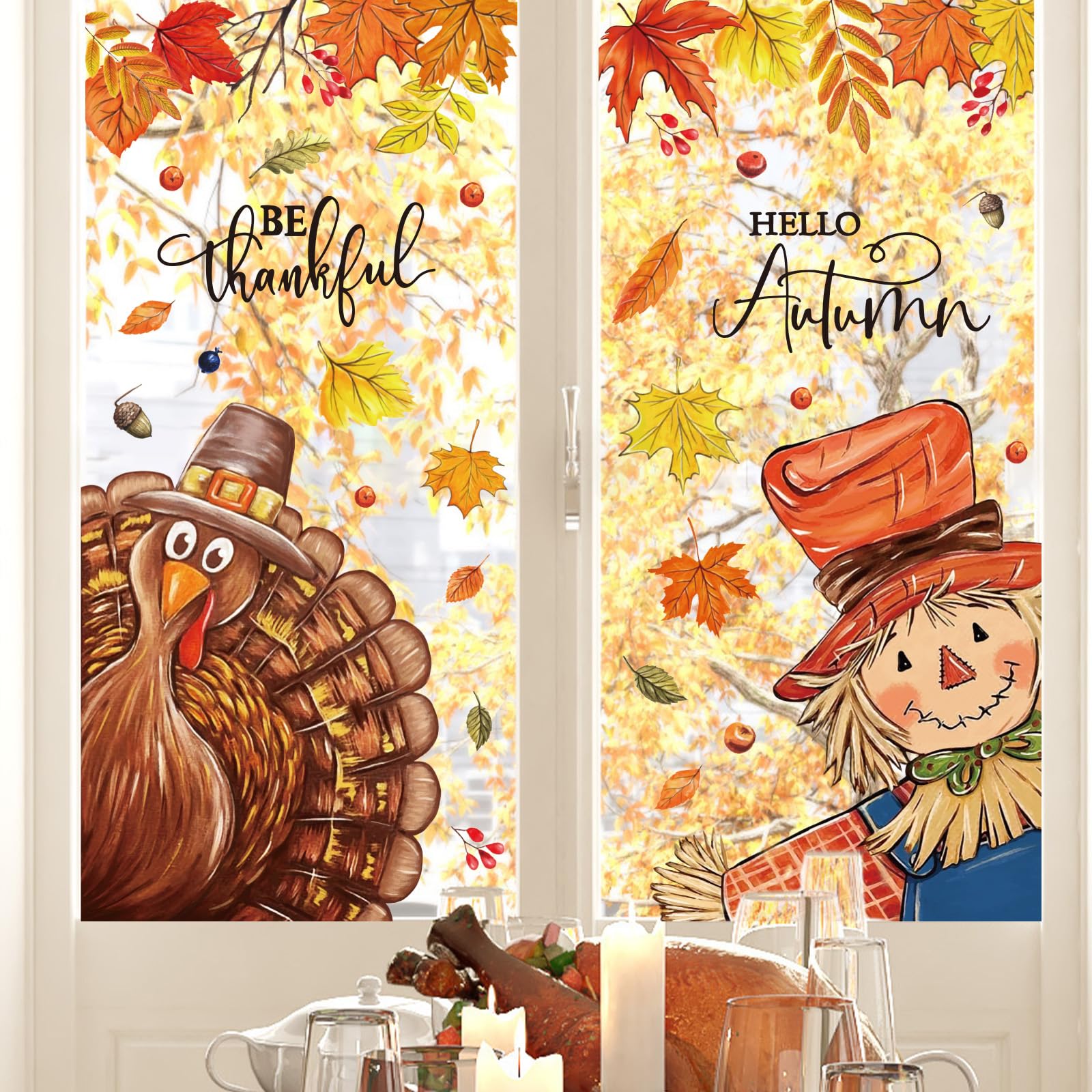 JarThenaAMCS Thanksgiving Fall Window Cling Stickers Hello Autumn Maple Leaves Turkey Scarecrow Double-Sided Reusable Window Decals for Harvest Party Home Decor, 4 Sheets