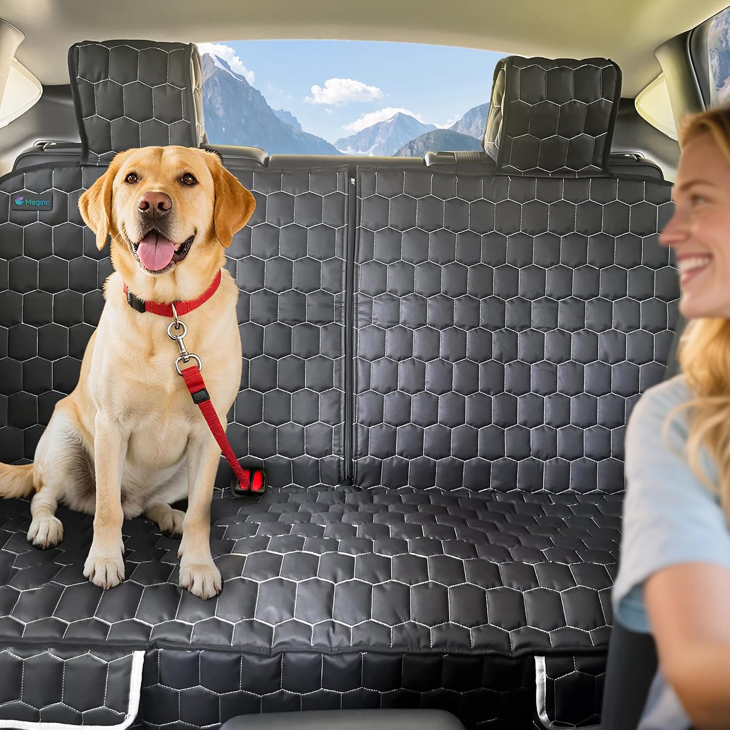 Meginc Dog Seat Covers for Tesla Model Y, Heavy Duty Bench Seat Cover with Headrest for Model Y, Non Slip Waterproof Back Seat Cover for Cars Armrest Compatible Car Seat Protector for Kids and Dogs