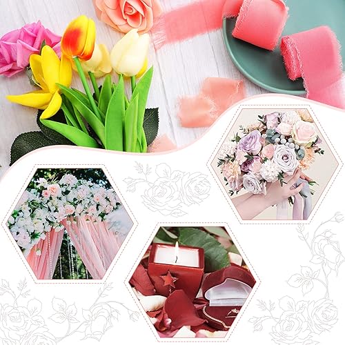 Miniatura 7 de Boao 4 rollos de cinta de gasa hecha a mano con flecos de seda de 1.5 pulgadas x 7 yardas, cintas deshilachadas rosas para el día de San Valentín,