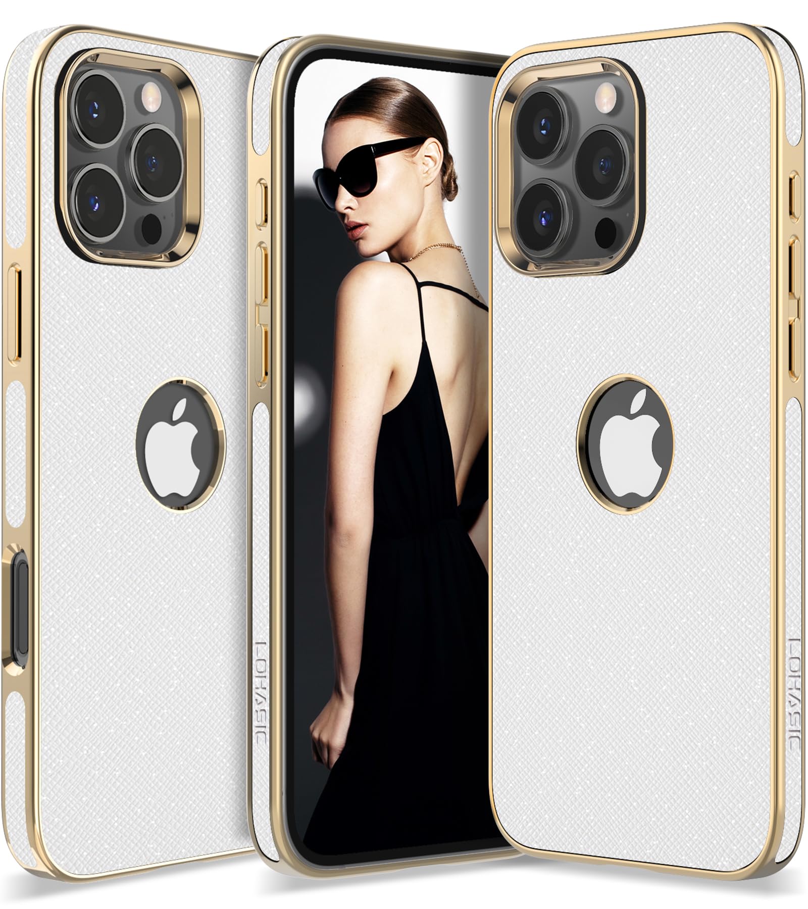 Lohasic PU Leather Case for iPhone 16 Pro Max, Logo View, Luxury Elegant ProMax Phone Cover for Men Women, Anti-Slip Grip Protective TPU Bumper, 6.9 Inch - White Gold