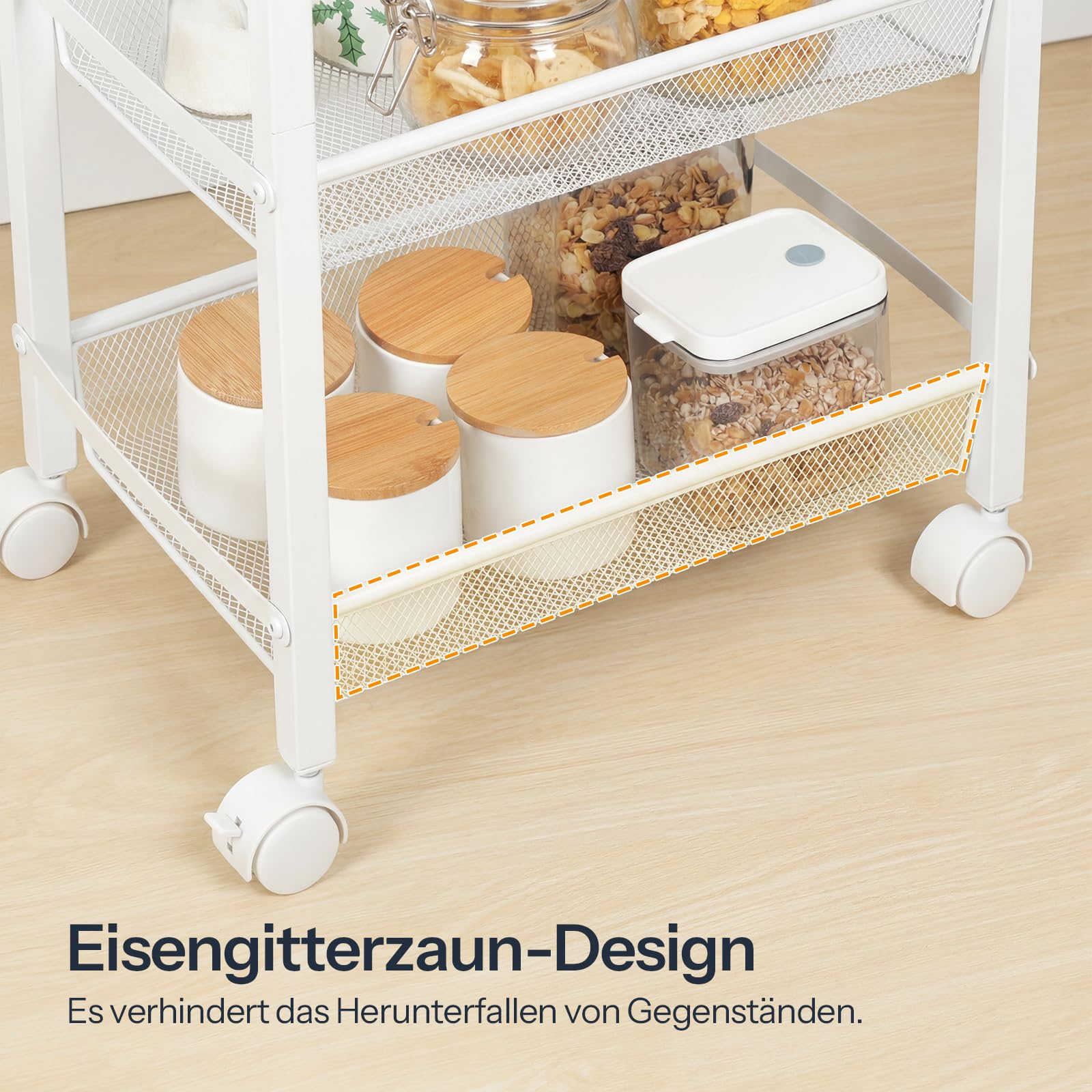 HOOBRO 4-stöckiger Servierwagen mit Rollen und Verstellbaren Füßen, Rollwagen mit Zaun, Küchenwagen, Küchenregal, Barwagen, für Küche, Wohnzimmer, Badezimmer, Weiß und Natur EWN72TC01