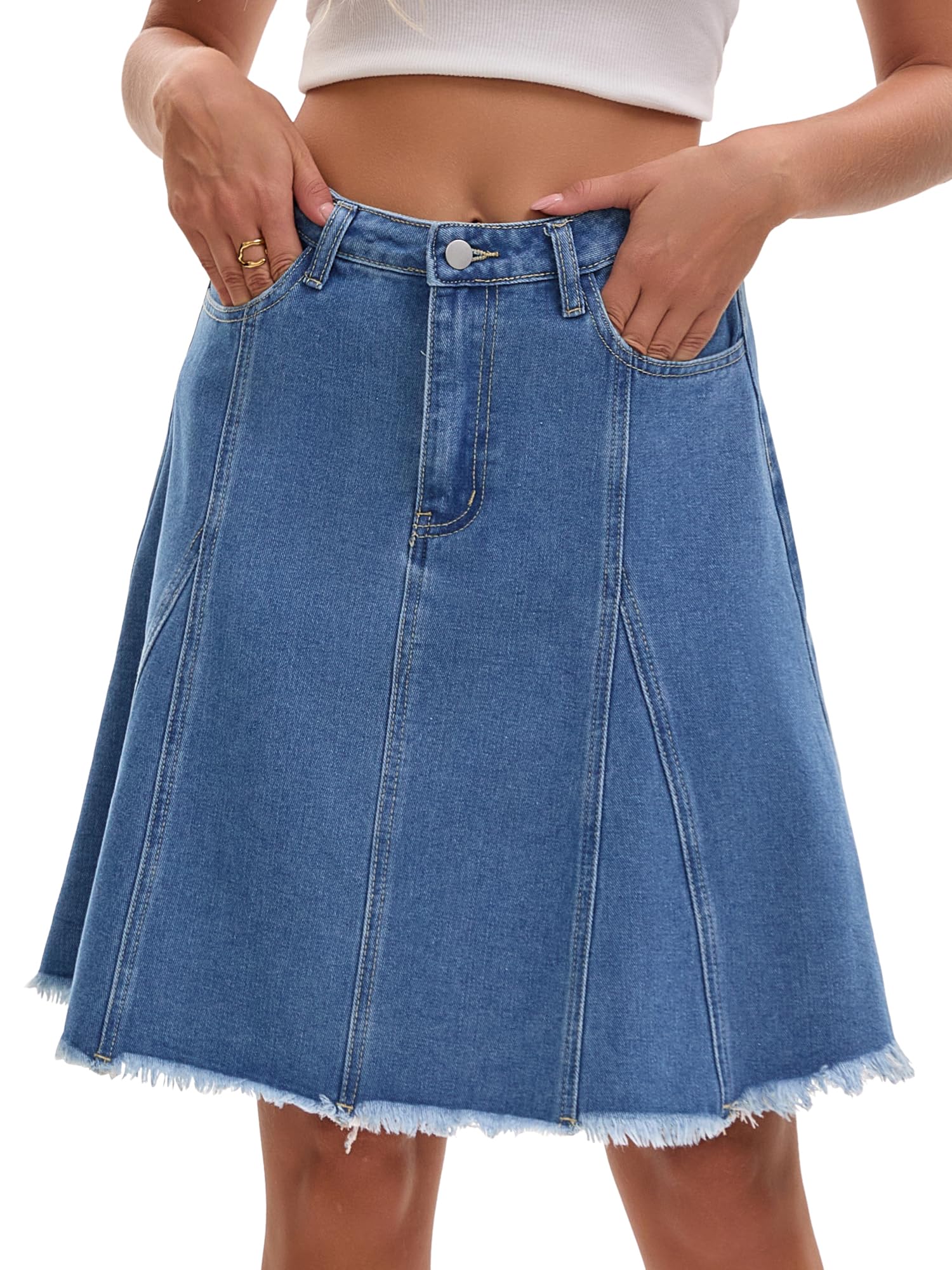 Femme Jupe en Jean Taille Haute Coupe Trapèze Longueur Genou | Taille Haute Ourlet Brut Évasé Poches Patchwork Tenue Western Cowgirl