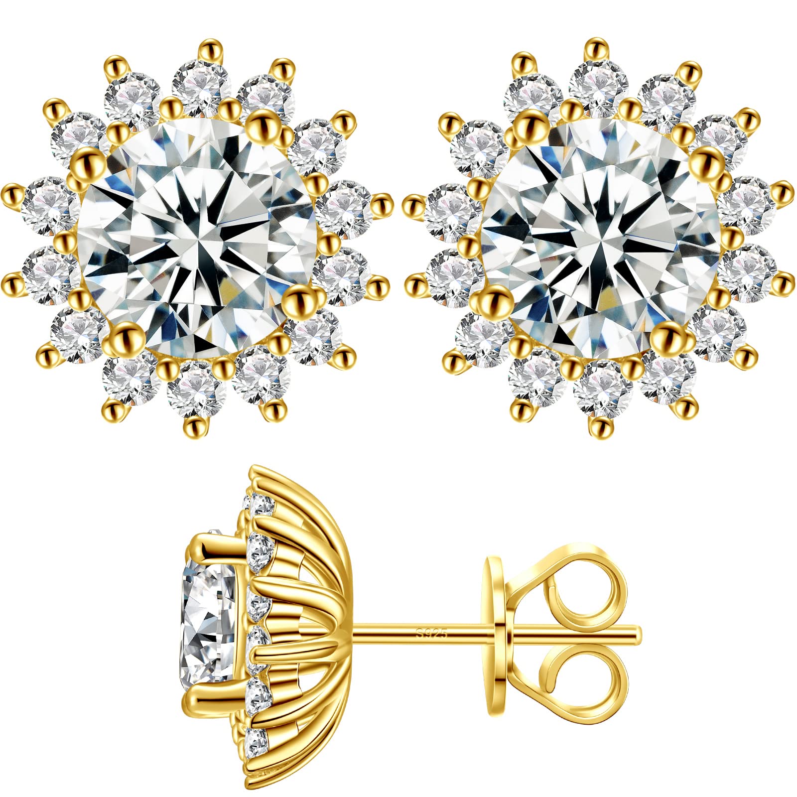 Moissanite Stud Earrings 0.2CT-8.0CT 18K Yellow Gold Plated D Color VVS1 Clarity Brilliant Round Cut S925 Sterling Silver Hypoallergenic Anniversary