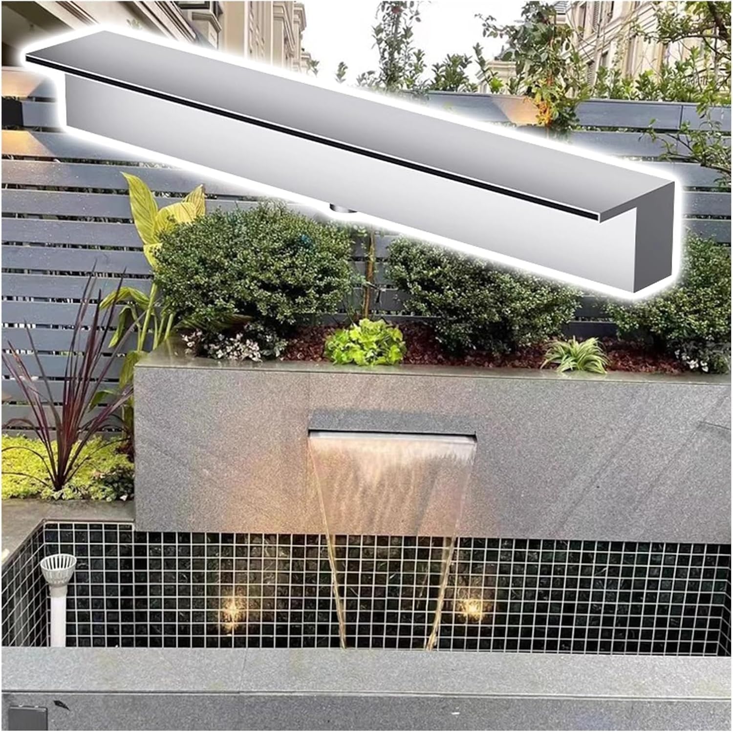 Heavy Duty Stainless Steel Waterfall Spillway Kit for Ponds & Gardens, Flush Mount with Fittings, Custom Width 34'', Ideal for Indoor/Outdoor Fountains, Hotels, Schools Decor
