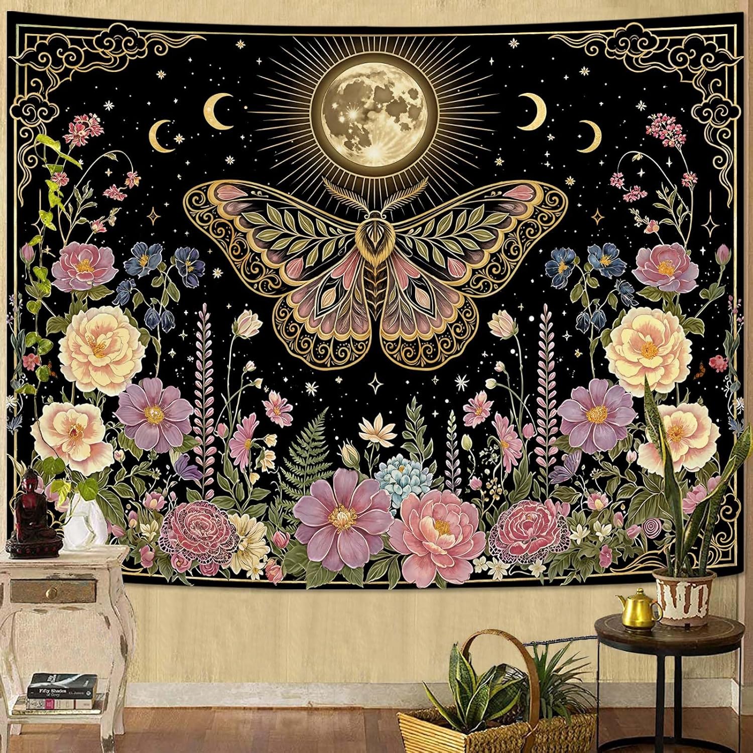 Yeoiat Tapestry Moon Moth and Floral Tapestries Witchy Cottagecore Tapestries Mystical Nature Wall Tapestry Bedroom Dormitory Living Room Decoration 90"x70"