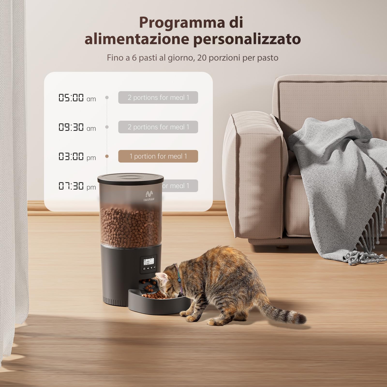 IMIPAW Distributore Automatico Cibo Gatti - 5L Dispenser Cibo Gatti con Timer Programmabile, 1-6 Pasti al Giorno, per Animali Di Piccola e Media Taglia (Nero, 5L)