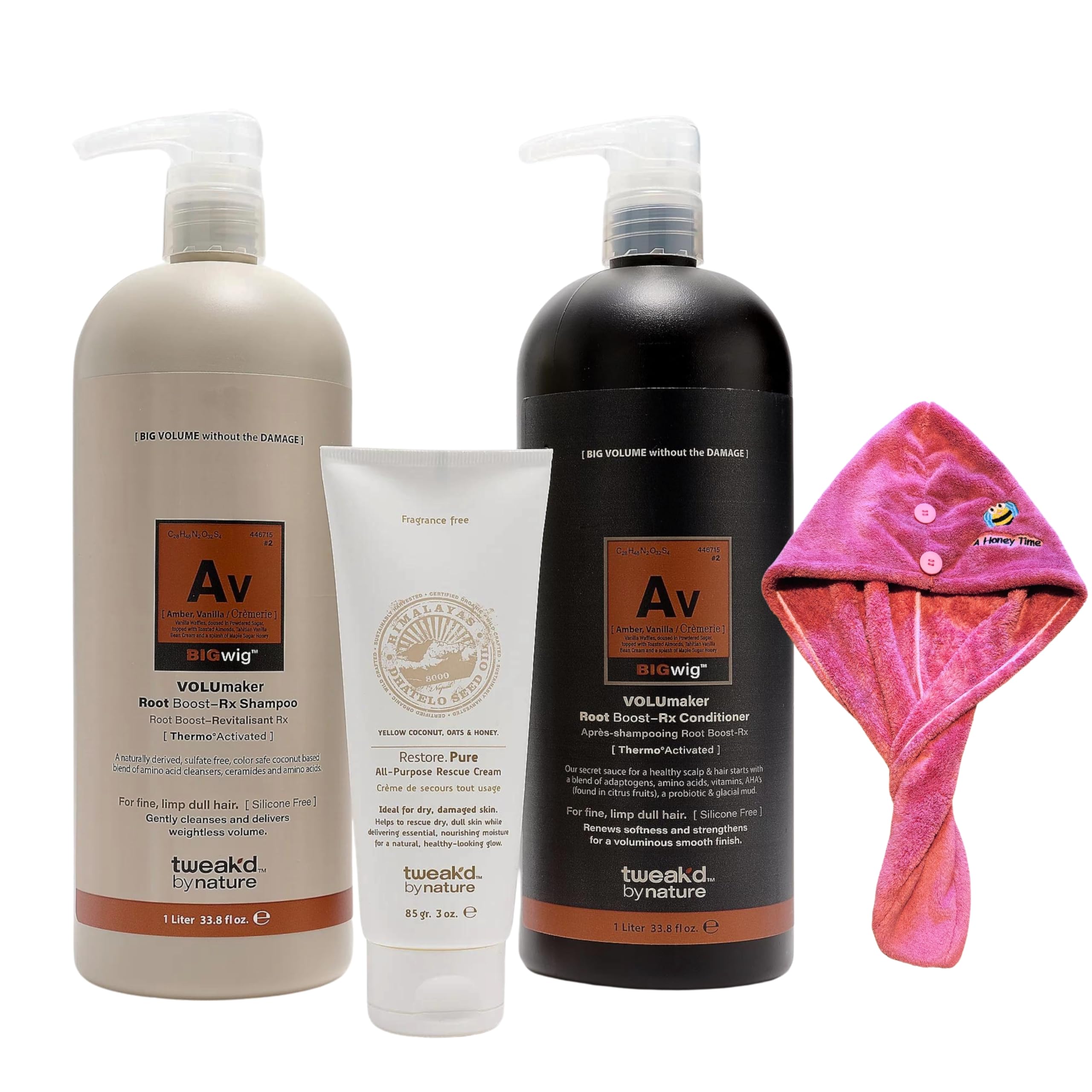 Tweakd by Nature Restore Hair Strengthening Shampoo and Conditioner Set – 33.8 oz Per Bottle – For Dry, Damaged Hair – Bundle with Kiva Beauty Towel (Amber Vanilla New), Beige