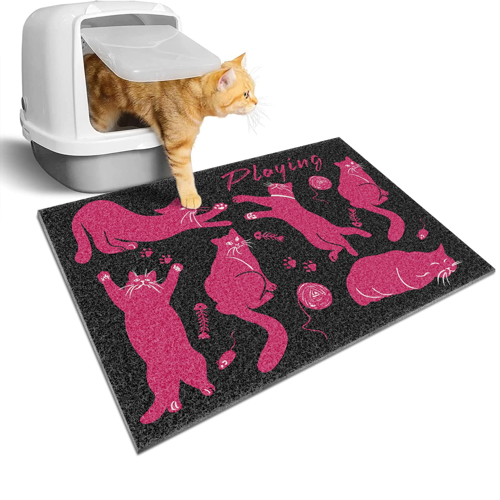 Pink Cat Litter Mat,24x16 Inch - Easy Clean, Anti Slip Trapping Mat for Cat Litter Box & Kitty Litter, Washable, Cute Small Rug for Litter Catching, Indoor Cat Accessories, Black and Pink