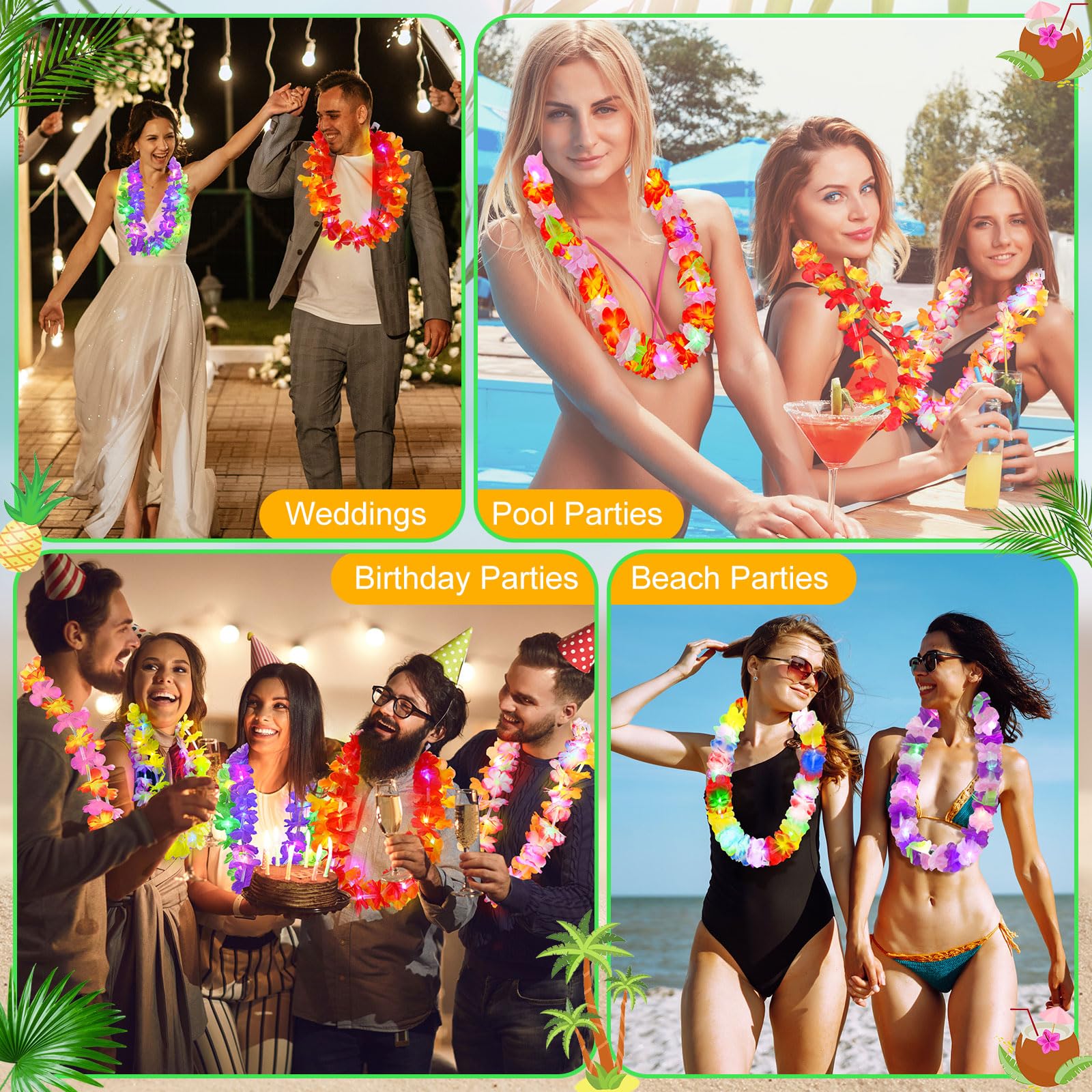 Sherr 200 Stück LED-Hawaii-Leis-Halskette mit LED-Lichtern für Maskerade, Luau, Strand, Hochzeit, tropisches Thema, Karneval, Abschlussfeier, Party