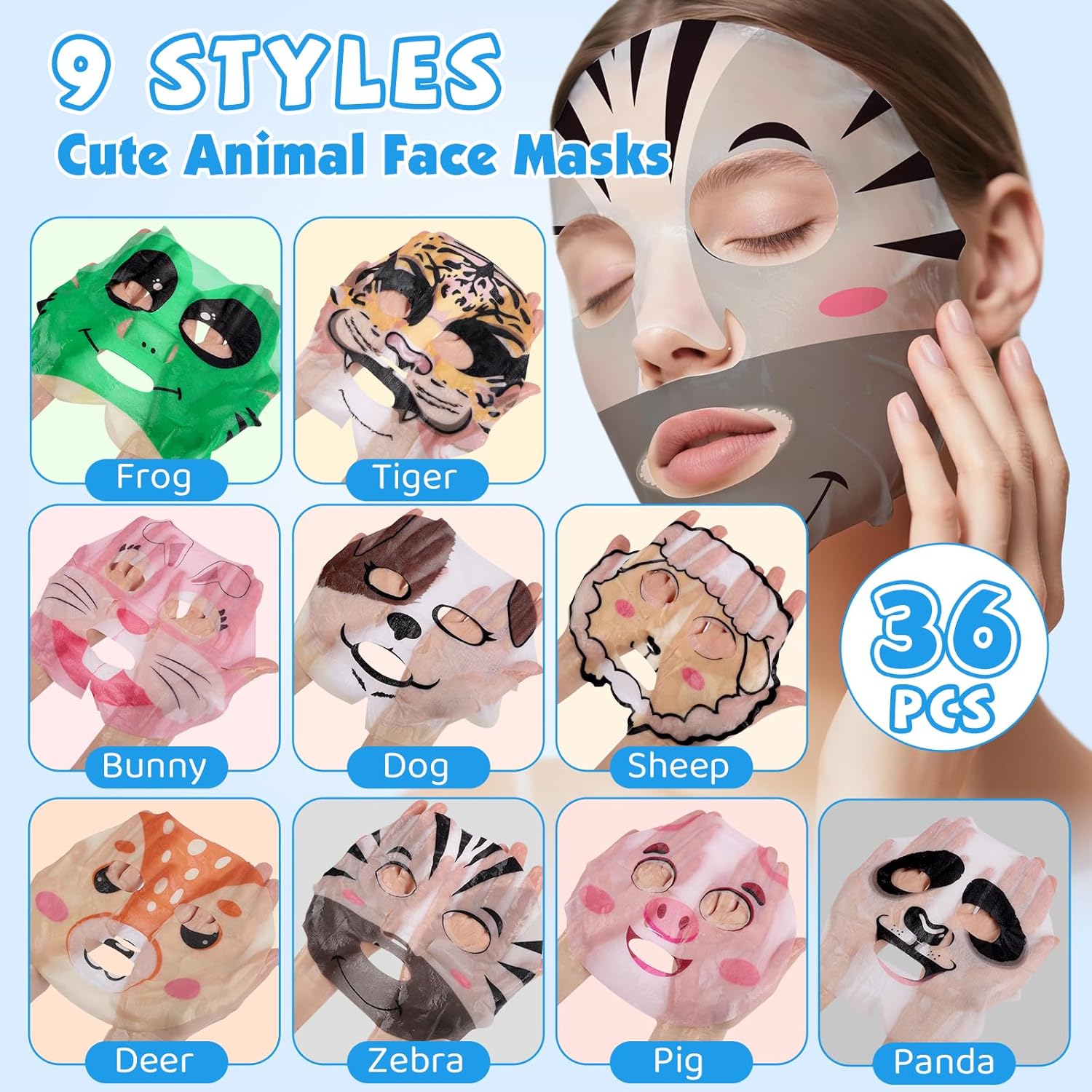 KONEUK 36 Pack Cute Animal Kids Face Mask, Sheet Collagen Moisturizing Face Mask for Girls Teens, Mothers Day Gifts for Mom, Bulk Spa Party Gifts and Birthday Gifts