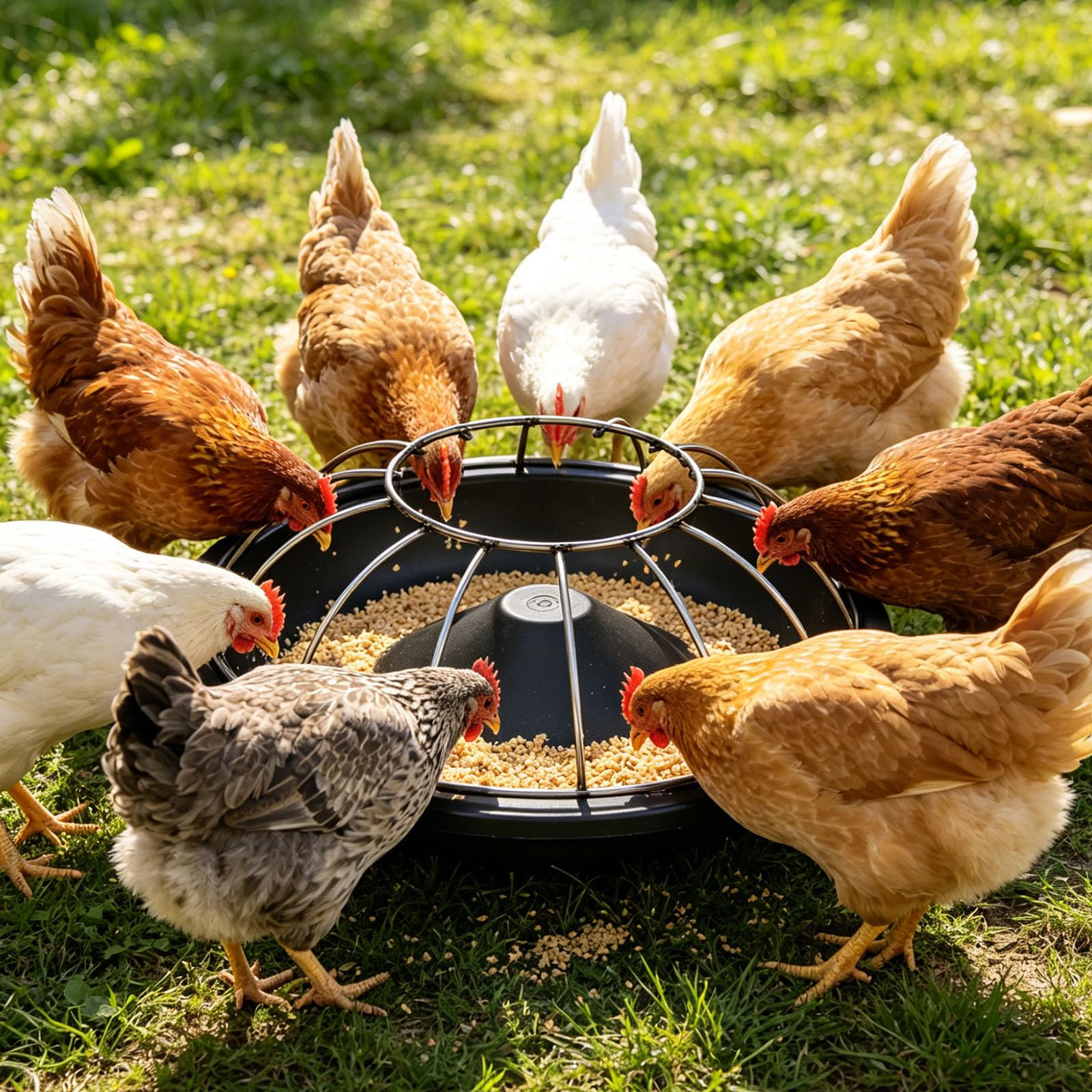 Alimentatore con sistemi automatici che alimentano il vassoio della mangiatoia per piccole aziende agricole e cortili Stazione di alimentazione domestica Soluzione di pollame