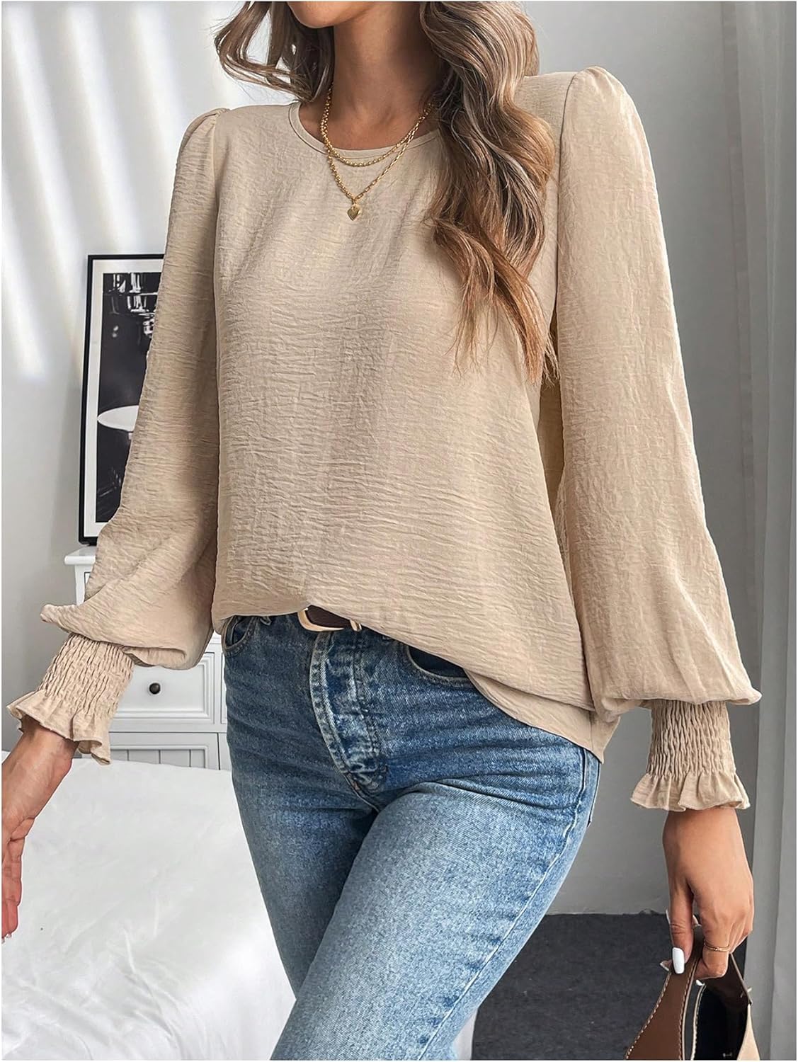 MakeMeChic Women's Bell Sleeve Frill Trim Shirred Crew Neck Office Shirt Blouse Tops - Image 3