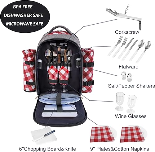 Miniatura 81 de apollo walker Mochila de picnic para 2 personas con compartimento refrigerador, soporte desmontable para botellas/vino, manta de vellón, platos