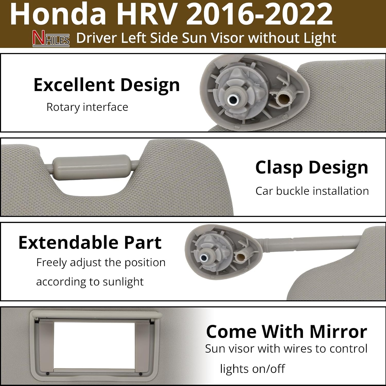 Driver Left Side Sun Visor Fits for 2016-2022 Honda HRV Without Light
