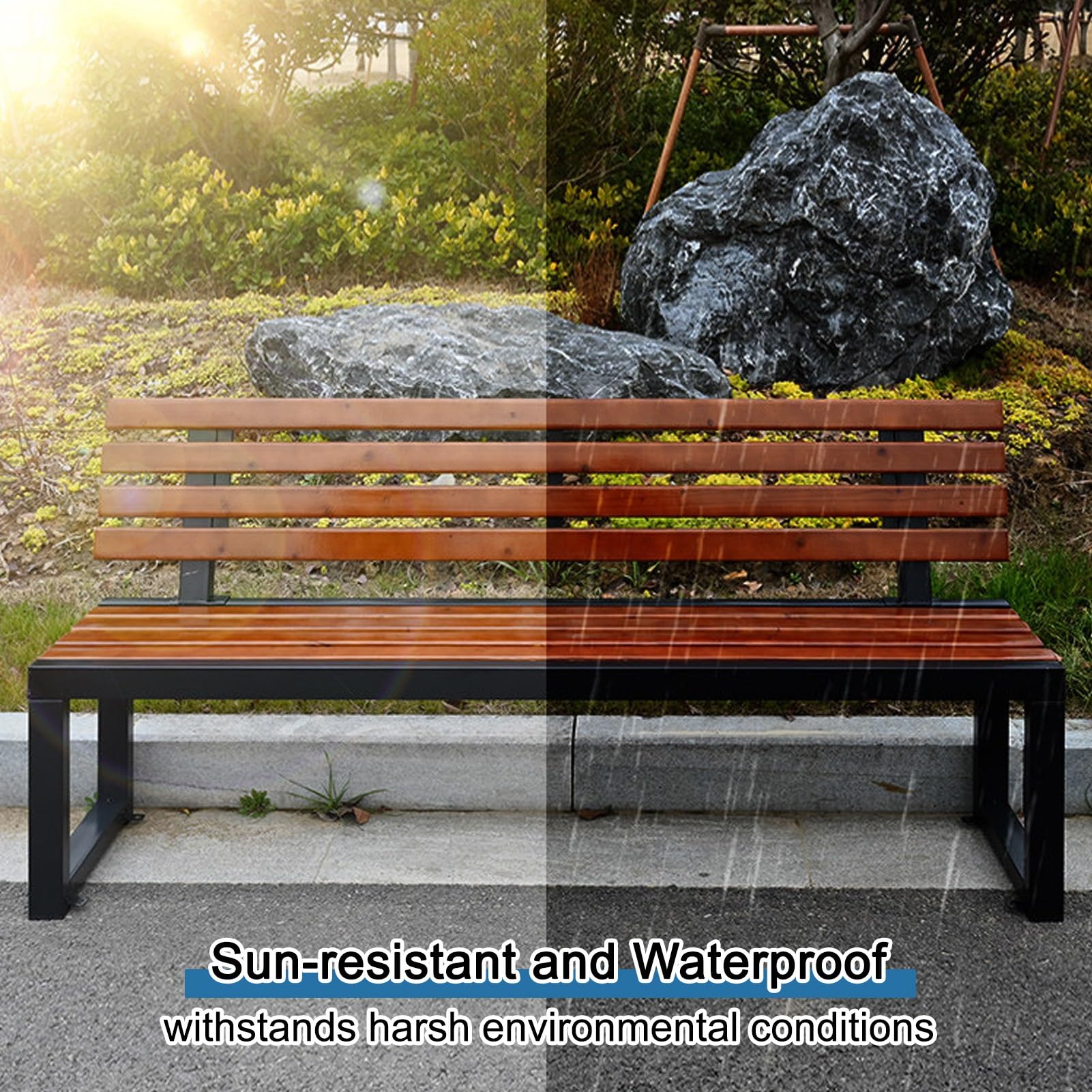 Banco Jardin Exterior con Respaldo, Banco de Madera plástico | Parque Banco el asiento de listones con el marco de metal resistente, for el porche/el patio/la ley(86.6''/220cm)