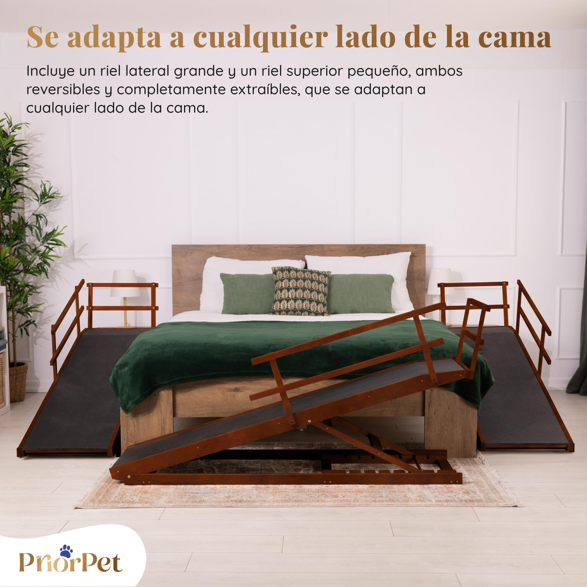 Rampa para Perros Cama con Rieles de Seguridad para Perros Grandes – para Camas Altas de hasta 94,5 cm – Soporta hasta 90 kg – Ancho 49,5 cm – Plegable, Antideslizante – Madera de Abedul – Nuez