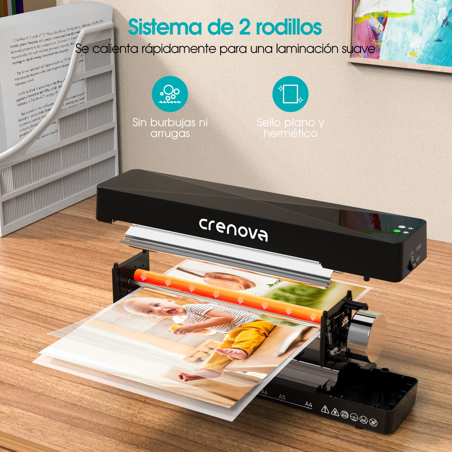 Crenova Plastificadora A4 en Caliente y Frío con 10 Fundas, Sin Burbujas, Ideal para Hogar y Oficina (Negra)