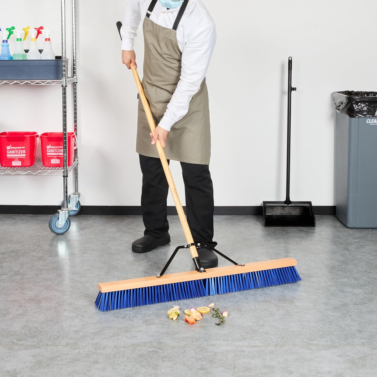 Restaurantware-Clean Tek Professional 36 Inch Push Broom, 1 Heavy-Duty Broom with 60” Handle - Medium Plastic Bristles, Durable, Wooden, Commercial Use, for Deck, Driveway, Garage, Yard, Patio