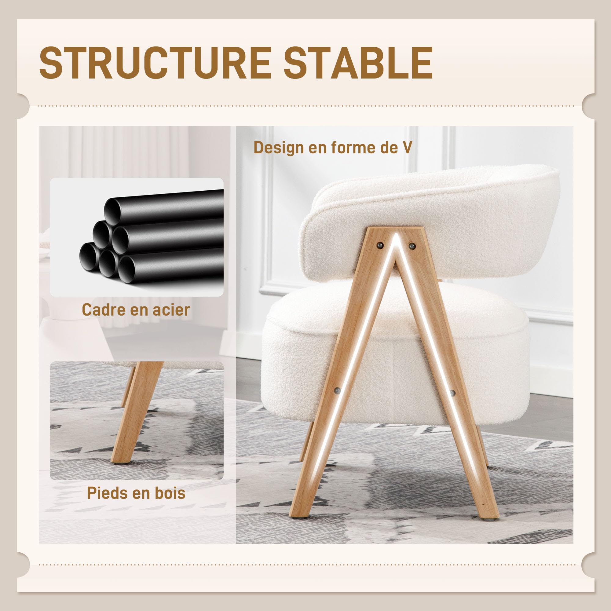 HOMCOM Fauteuil de Salon Rembourré en Tissu Bouclette Assise Large Blanc | Dossier Ergonomique, Accoudoirs, Pieds en Bois Massif et Structure en Acier, Fauteuil de Chambre, Salon, Bureau