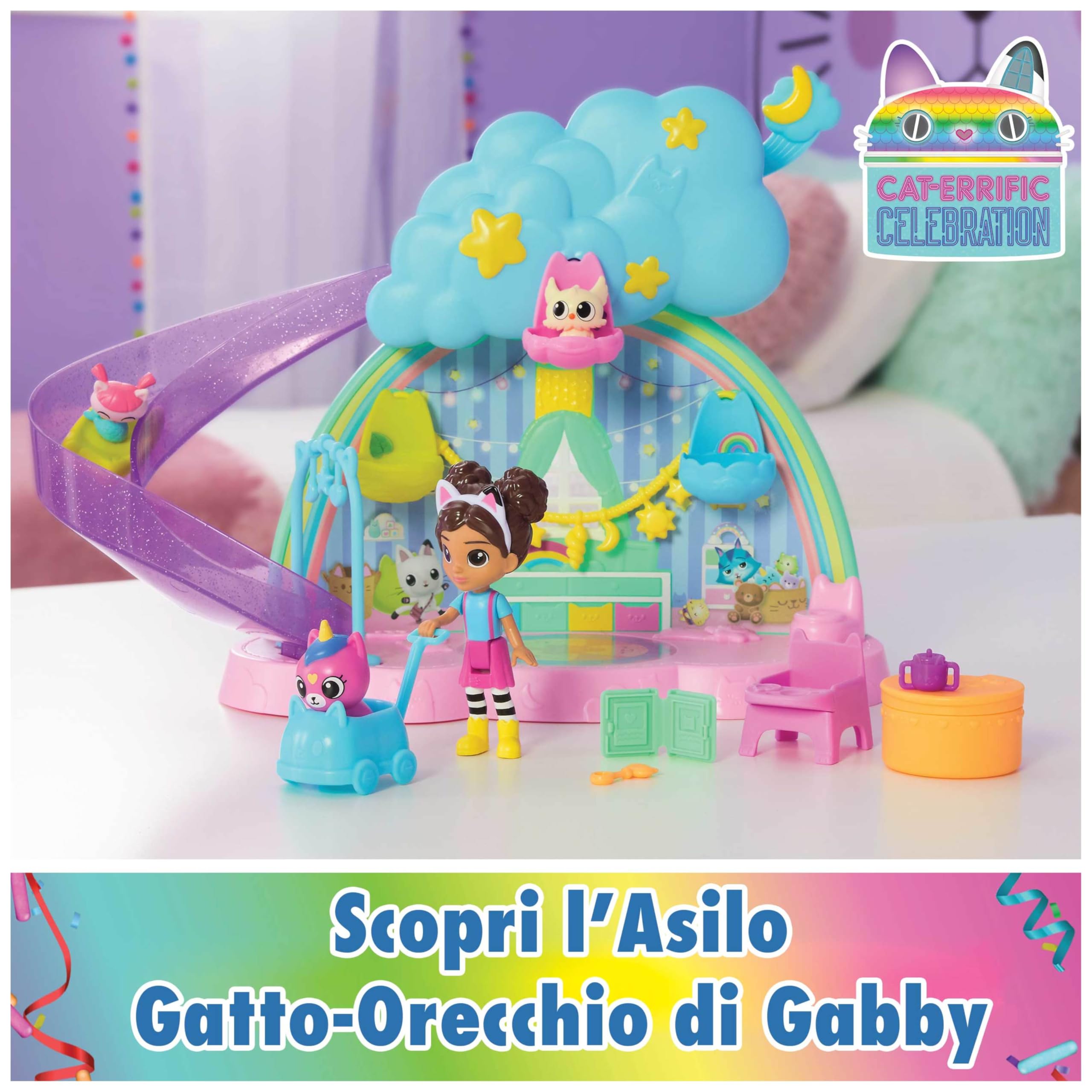 Gabby's Dollhouse, Stanza dei Giochi dell'Asilo Gatto-Orecchio, Set di Gioco da 17 Pezzi con 4 Personaggi e Mobili per la Casa delle Bambole, Giocattoli per Bambine e Bambini, 3+ Anni