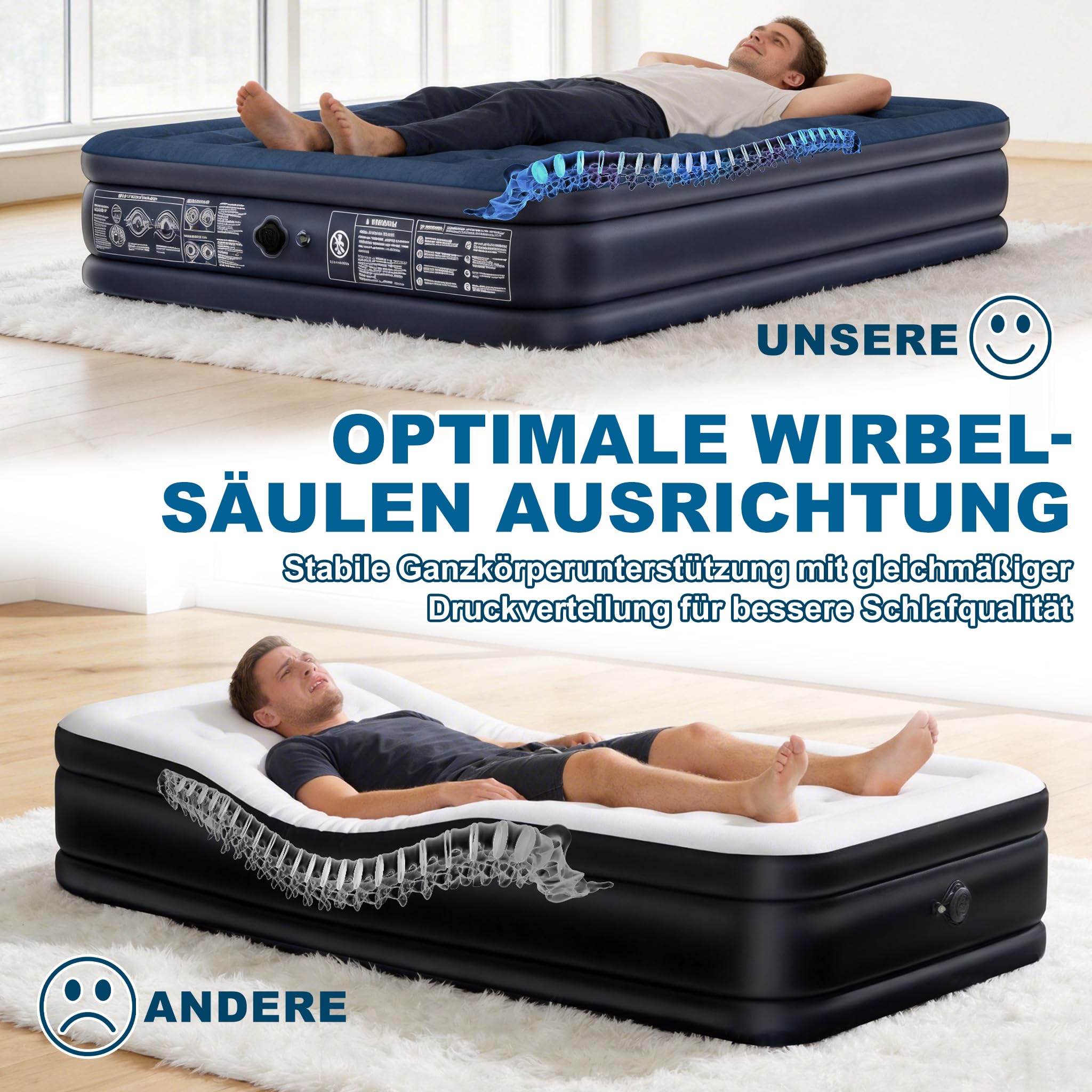 YRHome Aufblasbare Luftmatratze mit Pumpe | 2 Personen 203×152cm | Bis zu 300kg Tragkraft | Schnell Aufgeblasen in 3 Min | Klappbar mit Tragetasche | Campingmatratze & Gästebett | Dunkelblau