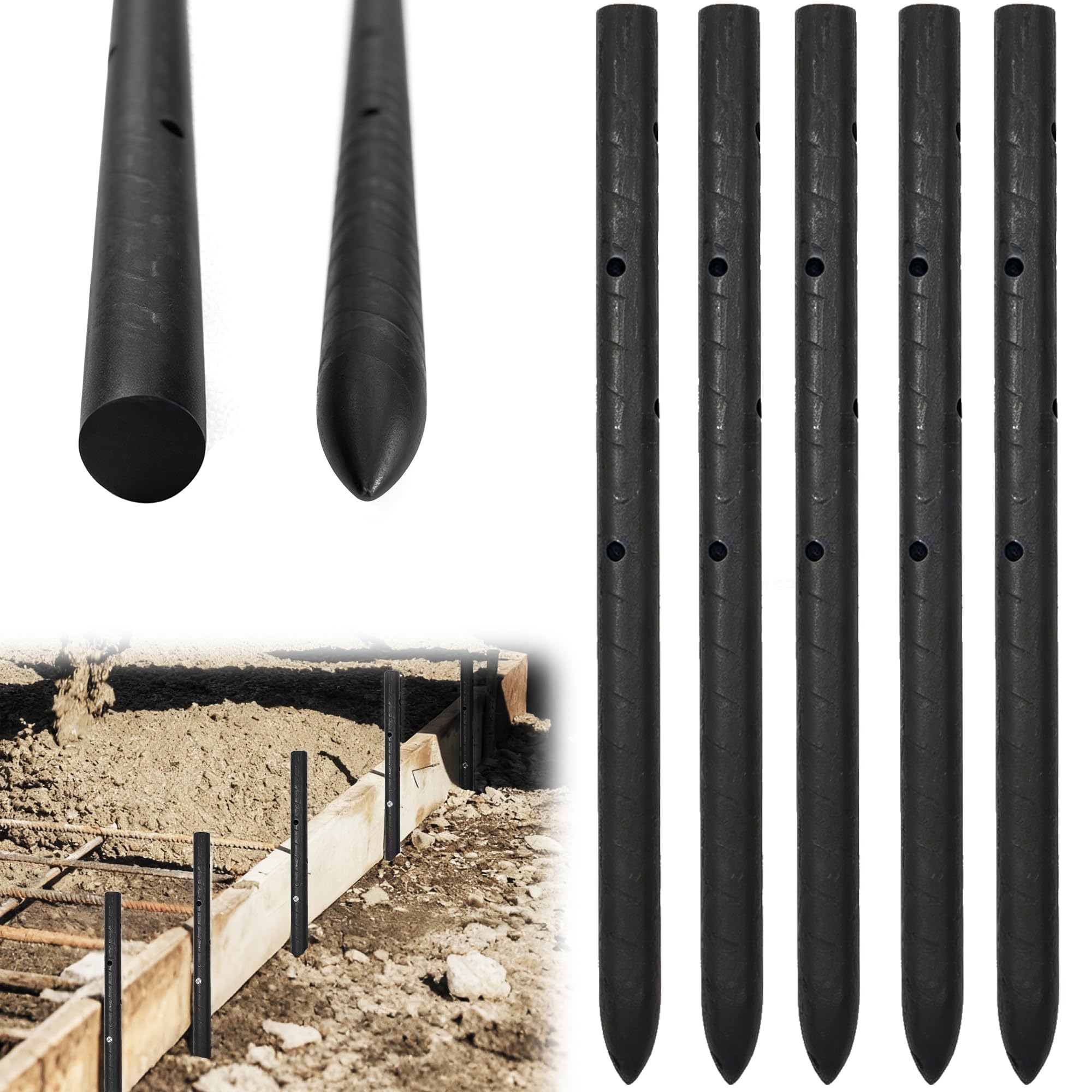 12 Inch Round Steel Concrete Form Stakes with Holes Heavy Duty Rebar Stakes Concrete Pins for Concrete Forms, Garden Fence, Rust Resistant Removable Reusable, 3/5" Diameter, Pointed, 5PCS