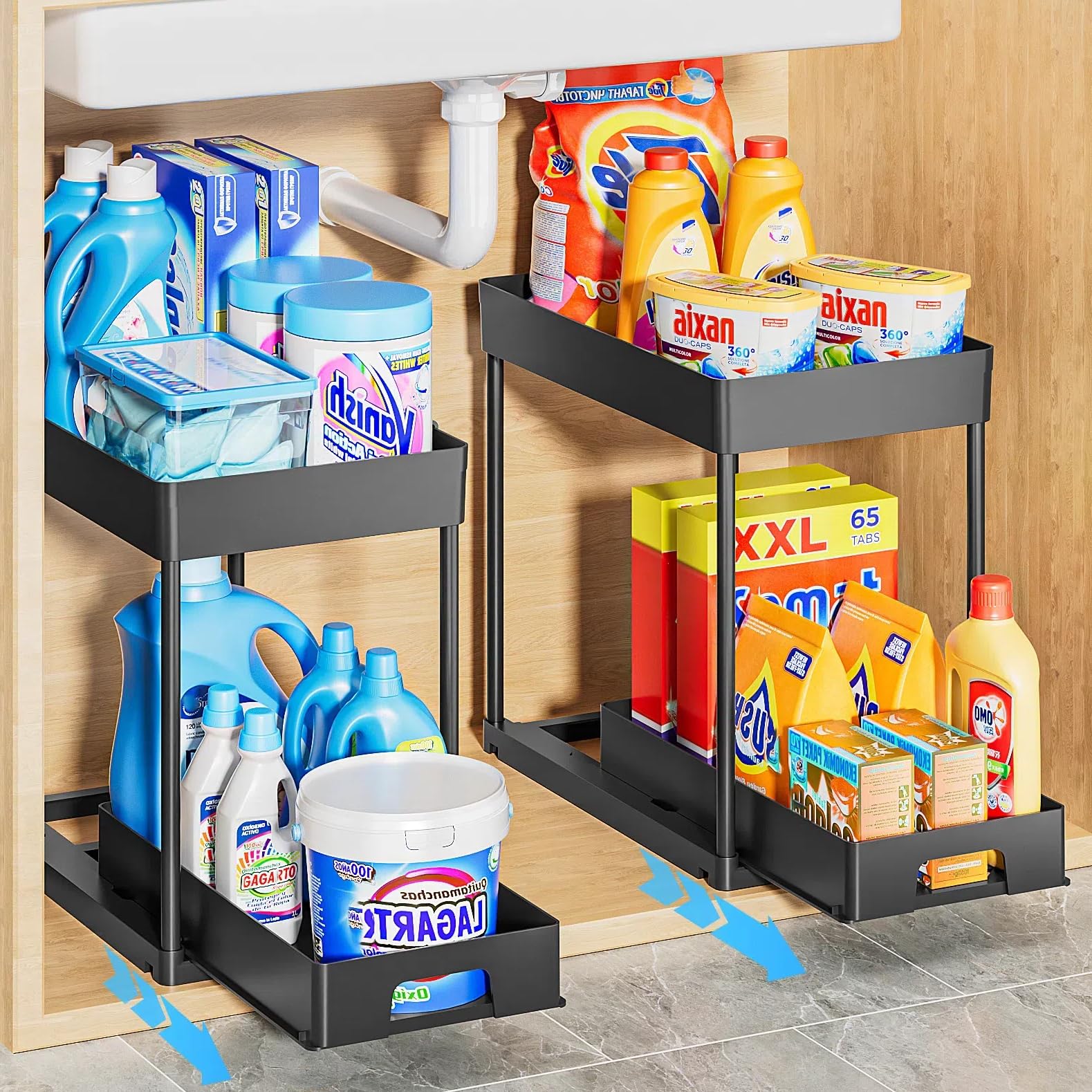 Delamu 2 Pack Under Sink Organizers and Storage, 2 Tier Pull Out Under Cabinet Organizer, Black Under Sink Storage for Bathroom Kitchen, Under Counter Storage organizer with 8 Hooks