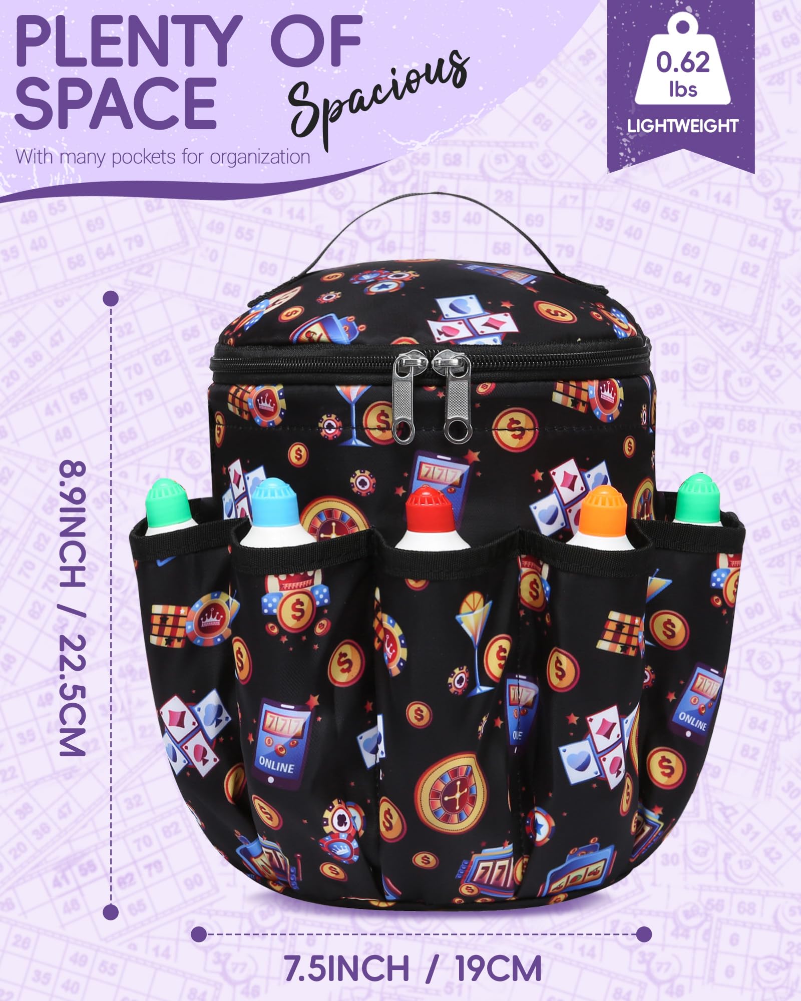 Bingo-Taschen mit Taschen für Bingo-Daubers, Dabbers, Dobber, Punkte, Casino-Spielzubehör, Schwarz/Orange, One Size