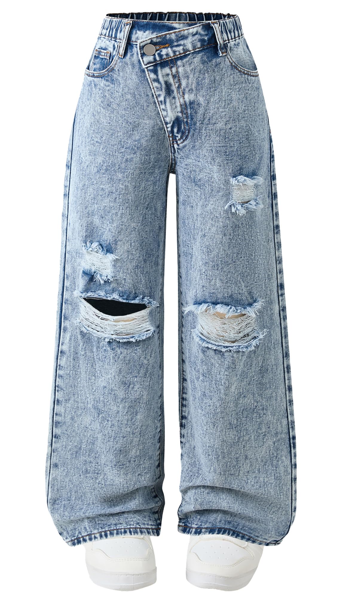 Maeau Jeans Déchiré/Papillon Jambes Larges pour Fille, Pantalon Droit Taille Élastique, Jeans de Jazz Danse Décontracté Ample, Printemps L'été Automne, 8-14 Ans