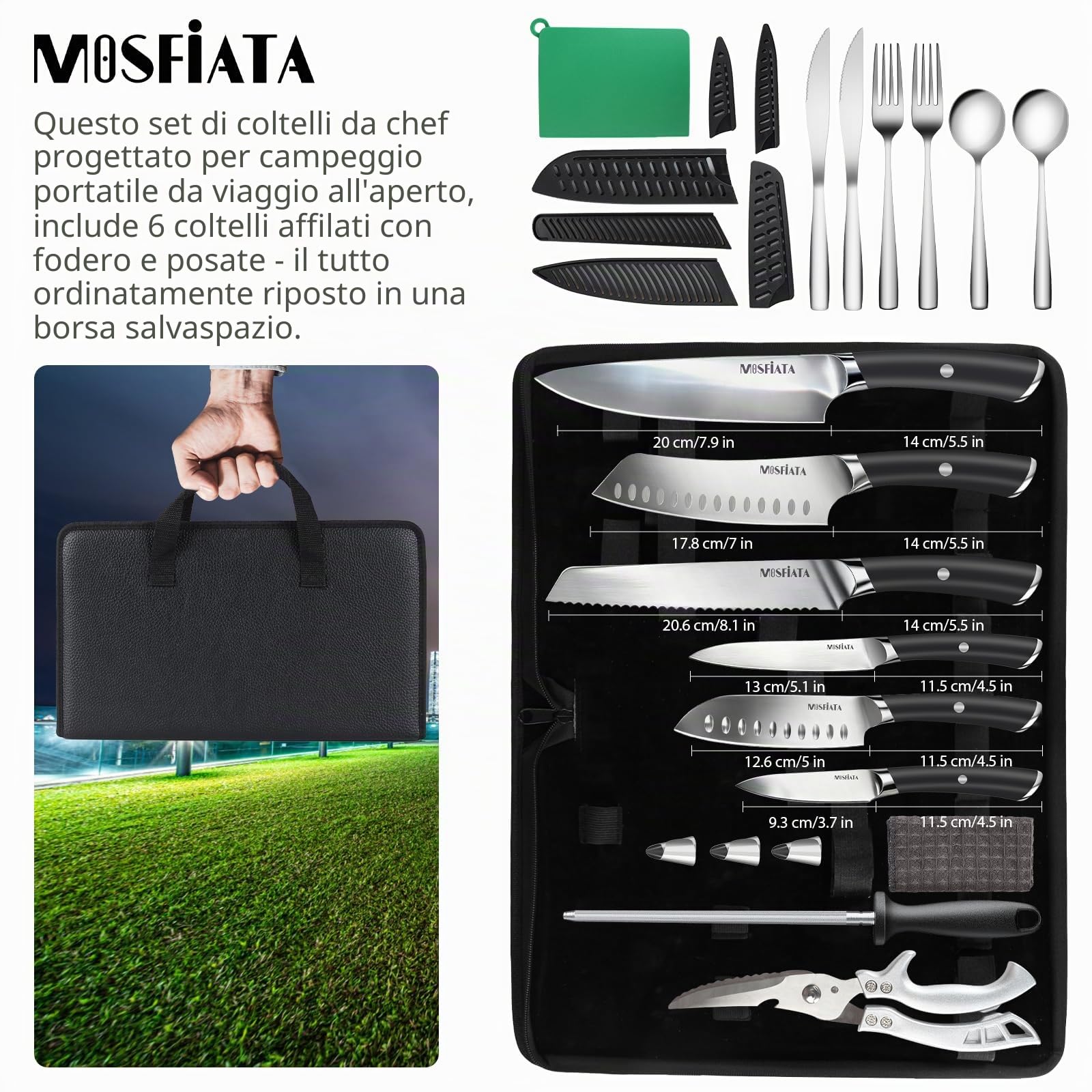 MOSFiATA Set Coltelli da Cucina Professionali con Forbici da Cucina, Affilacoltelli, Fodero e Custodia 19 Pezzi