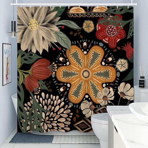 Miniatura 3 de Cortinas de ducha bohemias florales para baño, 60 pulgadas de ancho x 72 pulgadas de alto, modernas cortinas de ducha florales botánicas abstractas