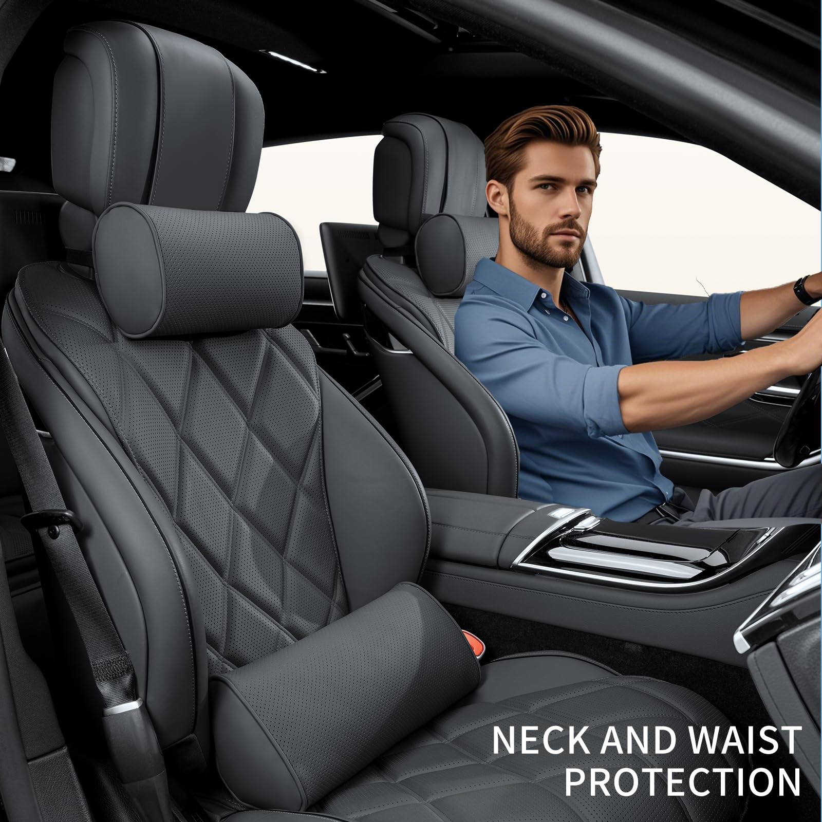 Lendenkissen Auto, Rückenkissen Leder, Ergonomische Lordosenstütze mit Memory Foam, Lendenwirbelkissen für Auto Bürostuhl Unterwegs und Zuhause, Schwarz, 1 Stück