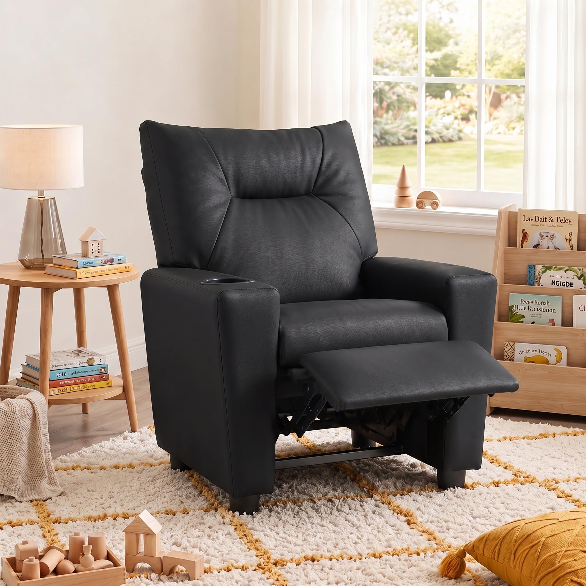 23" PU Leather Recliner Chair with Cup Holder and Recline, Black