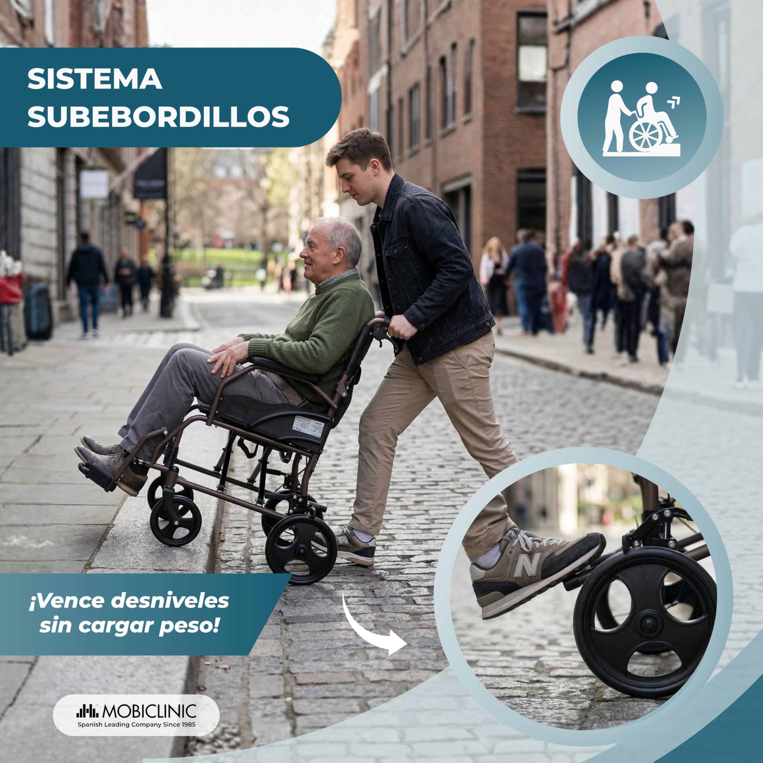Mobiclinic®, Silla de Ruedas Plegable, de Tránsito, Respaldo y Reposapiés Abatibles, Doble Sistema de Frenado, Reposabrazos Acolchados, Acero, Ligera y Compacta, Kefren