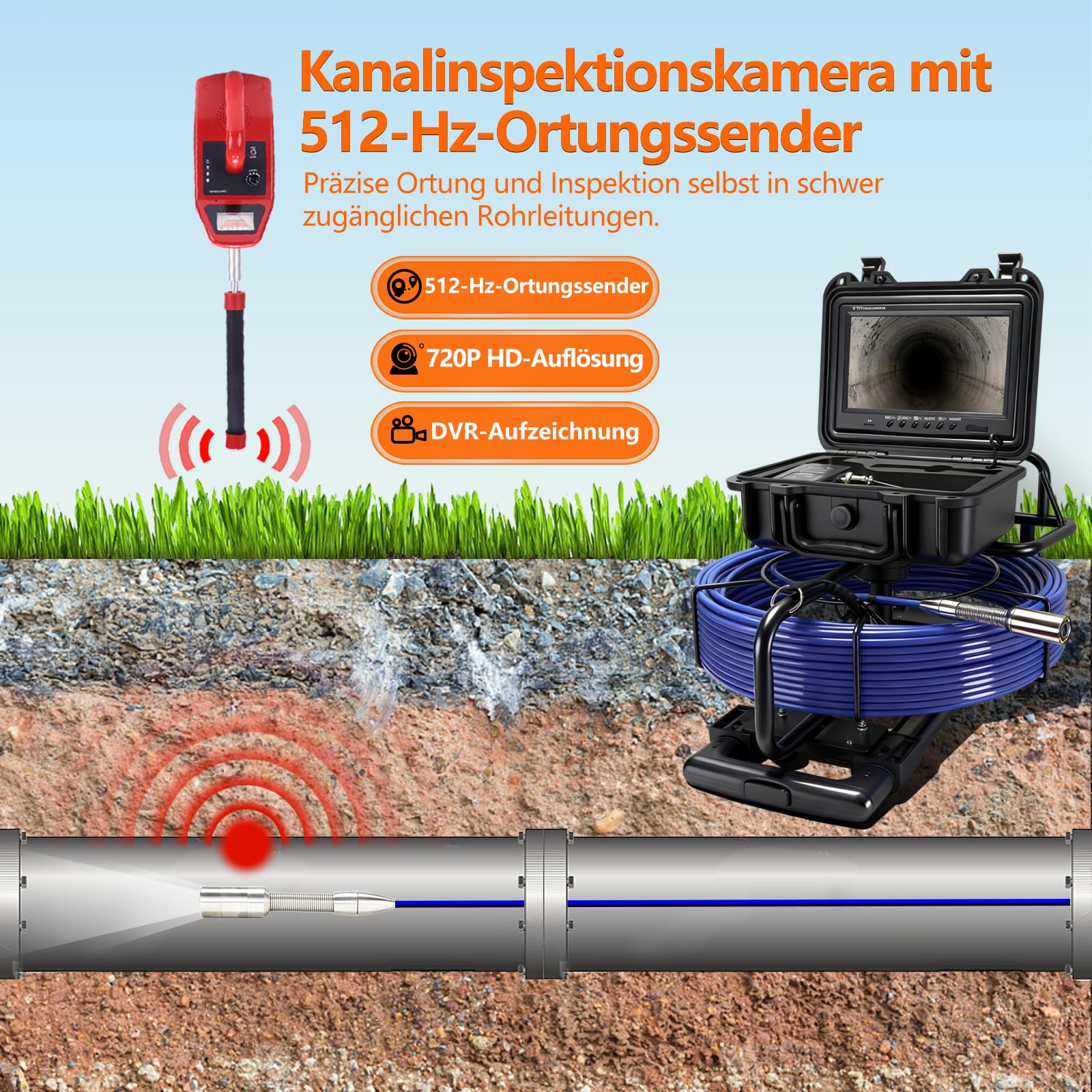 Kanalkamera mit 512-Hz-Ortungsgerät, 50 m, selbstnivellierende 9-Zoll-IPS-Rohrkamera mit 7-mm-Kabel und Griff,Endoskopkamera mit 12 LEDs, 16GB SD-Karte, für Kanalrohre