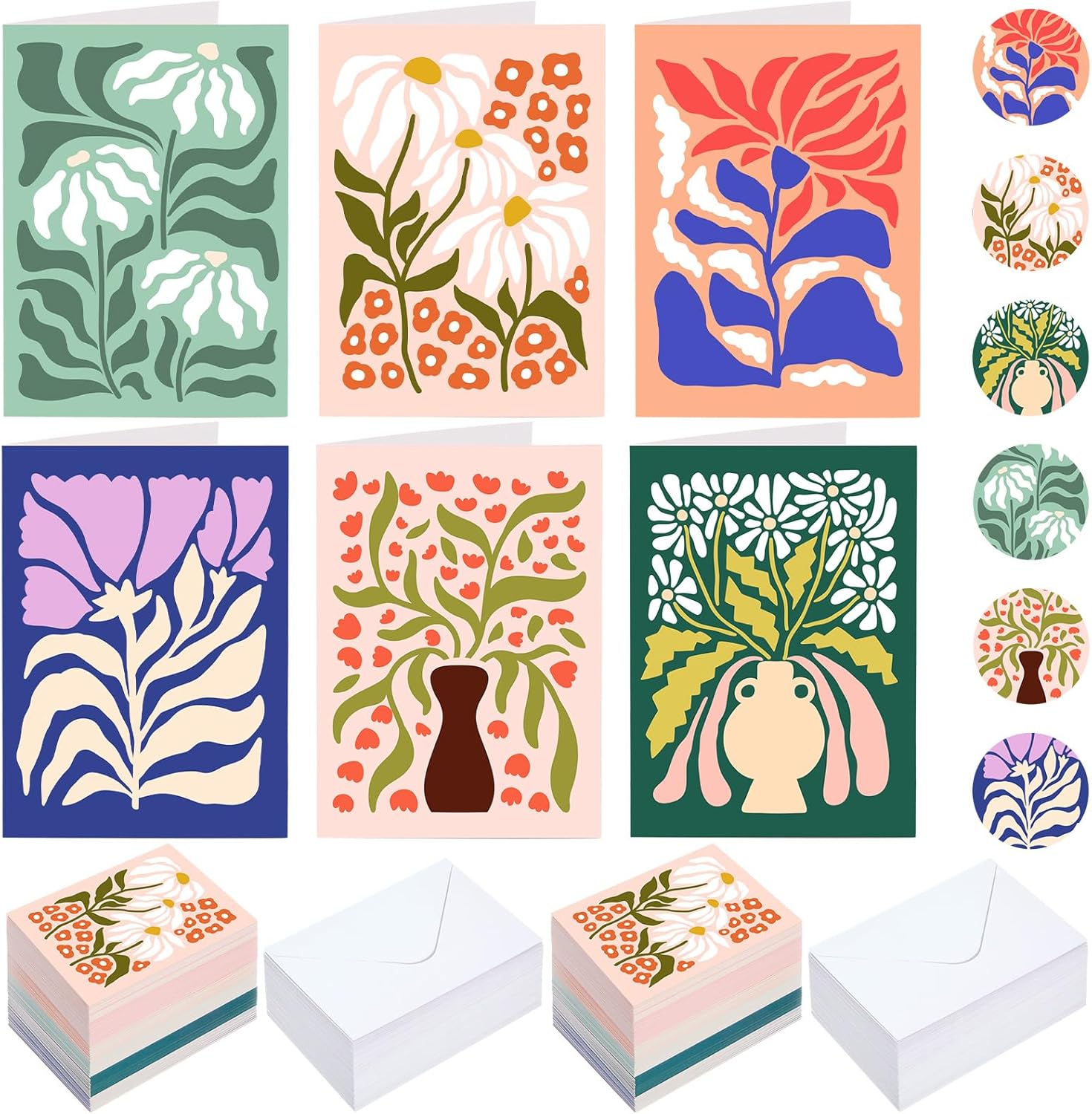 Gueevin 90 Pack Floral Greeting Cards with Envelopes & Stickers Bulk 3.5 x 5 Inch Floral Blank Note Cards Set, 6 Flower Designs Card for Thank You, Birthday, Wedding, Business, Condolence, Invitation