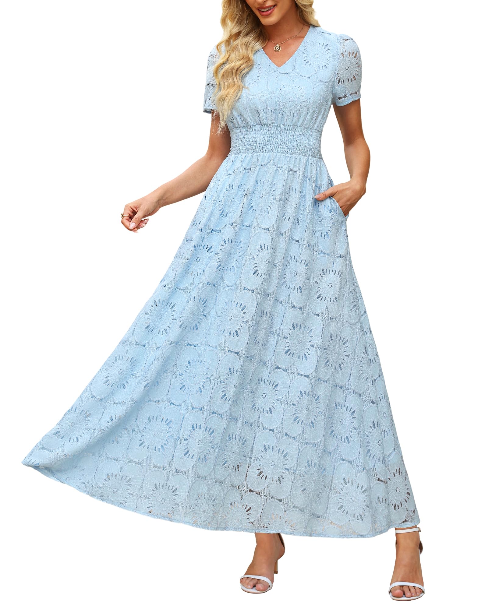 Womens Lace Floral Maxi Dress V Neck Short Sleeve Hollow Out Eyelet A Line Flowy Boho Summer Beach Wedding Guest Dresses