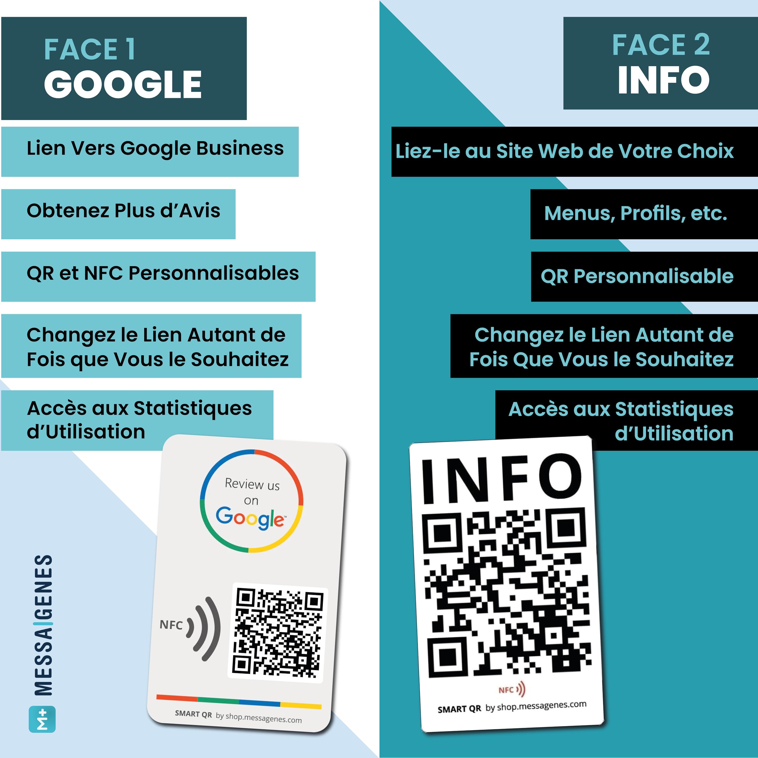MESSAGENES | Carte Avis Google QR et NFC | Carte NFC Google Avis | PACK 2 Unités 12 x 8 cm | 2 Côtés | Plaque Google QR et NFC + INFO | Obtenez des Avis Facilement| Améliorez votre Classement Avis